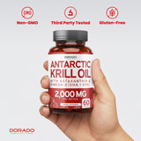 DORADO NUTRITION Antarctic Krill Oil Omega-3 supplement softgels on a wooden table