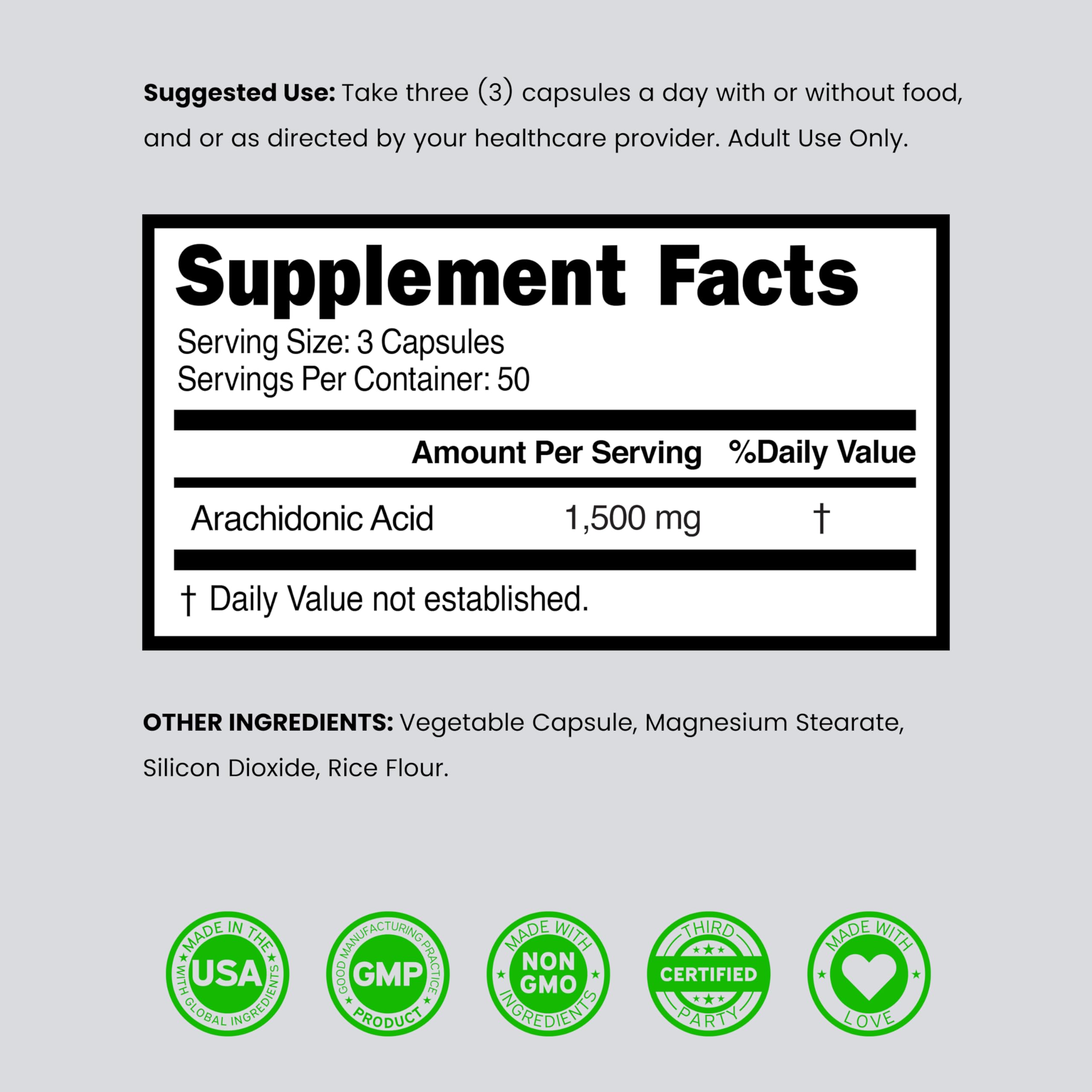 DORADO NUTRITION Arachidonic Acid capsules on a wooden table