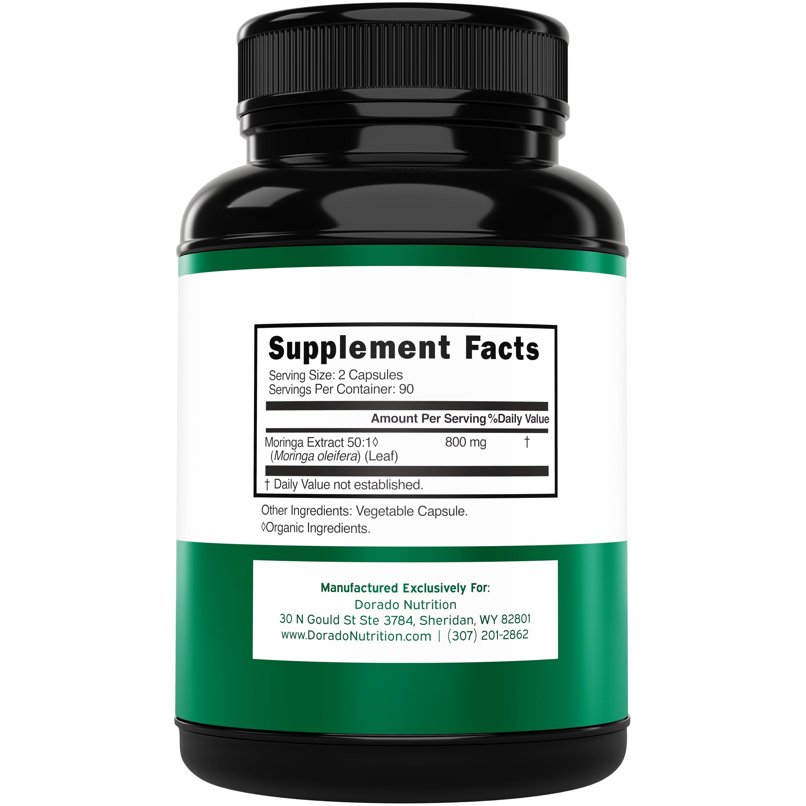 DORADO NUTRITION Moringa Supplement 800mg capsules bottle side view