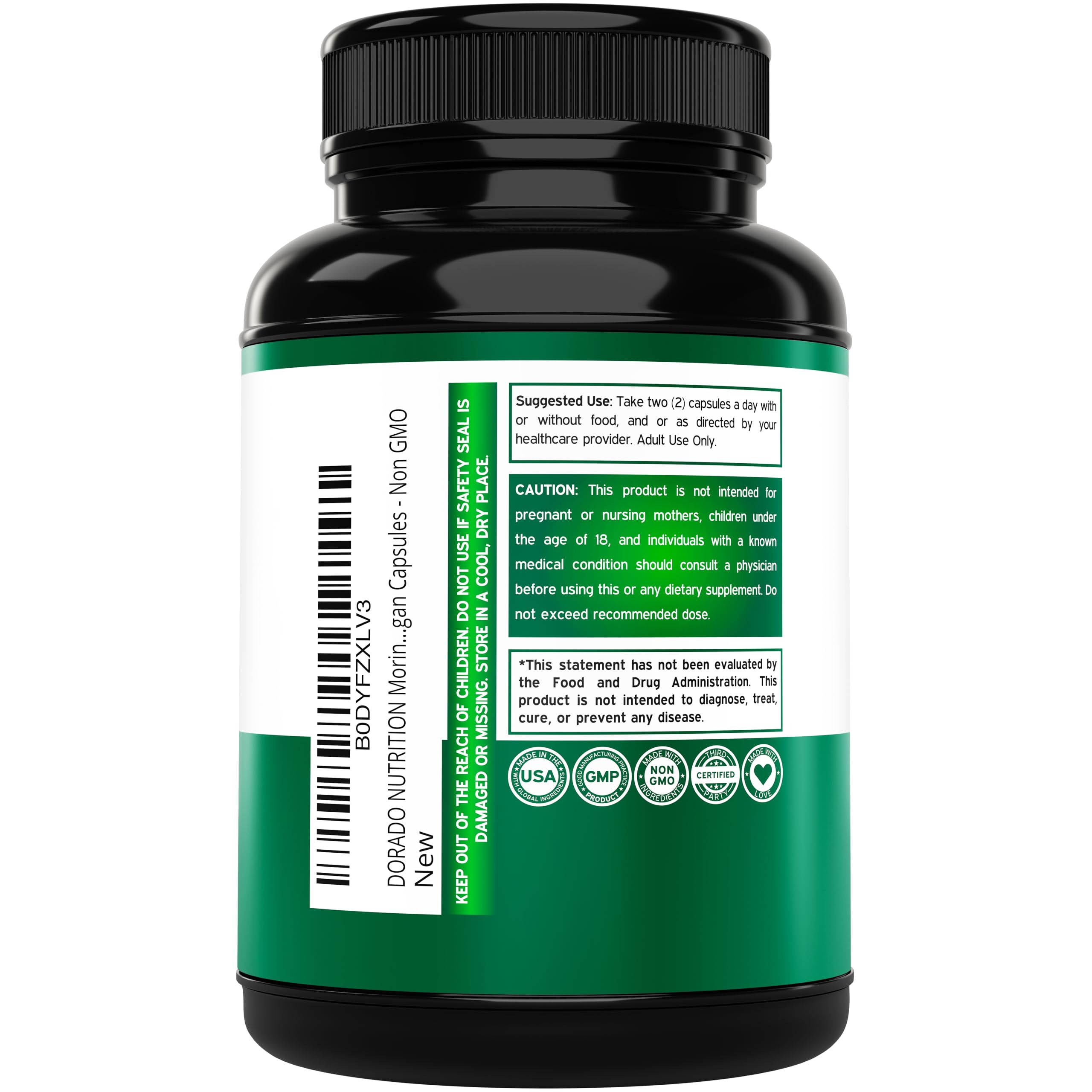 DORADO NUTRITION Moringa Supplement 800mg capsules with dosage information