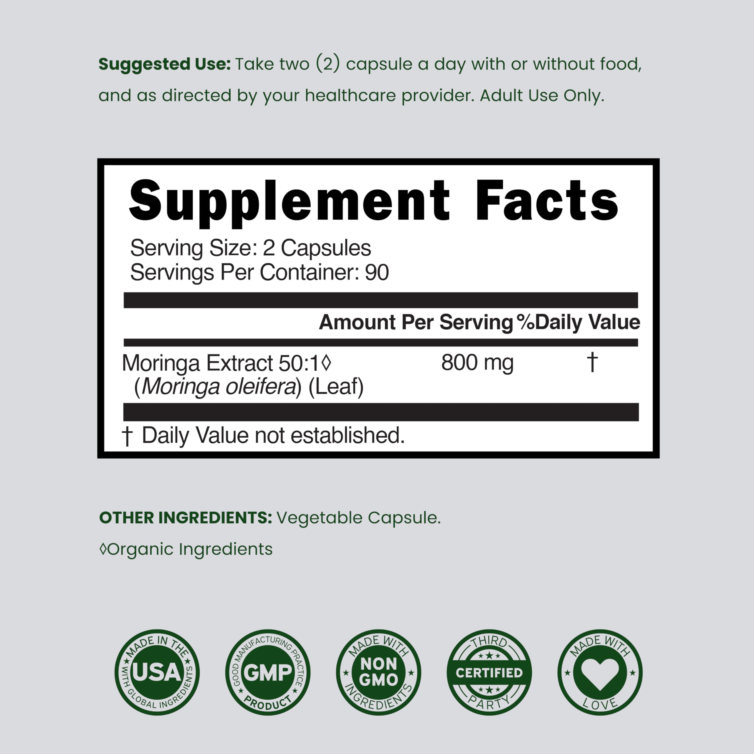 DORADO NUTRITION Moringa Supplement 800mg capsules with ingredients list