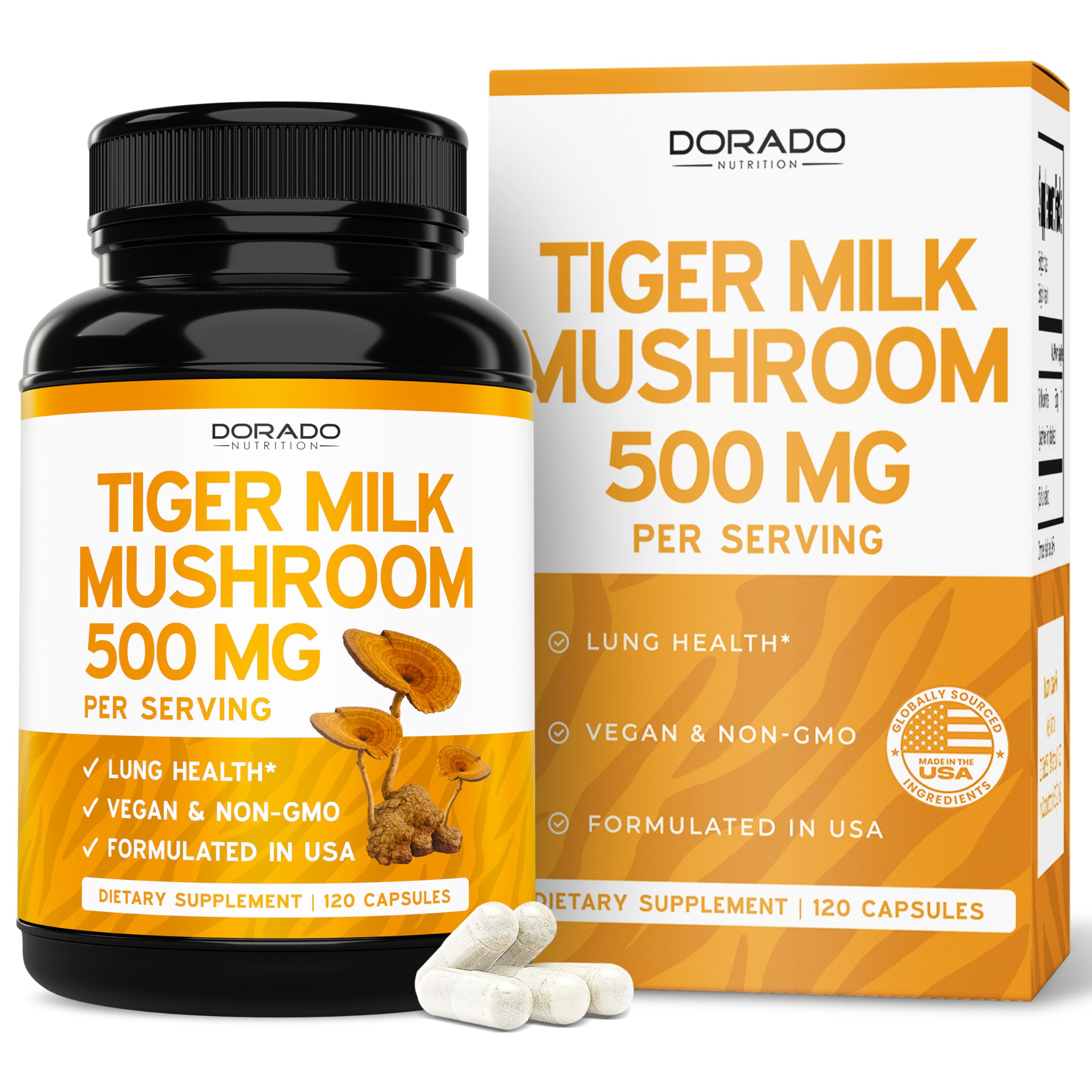 DORADO NUTRITION Tiger Milk Mushroom Supplement 500mg capsule bottle front view