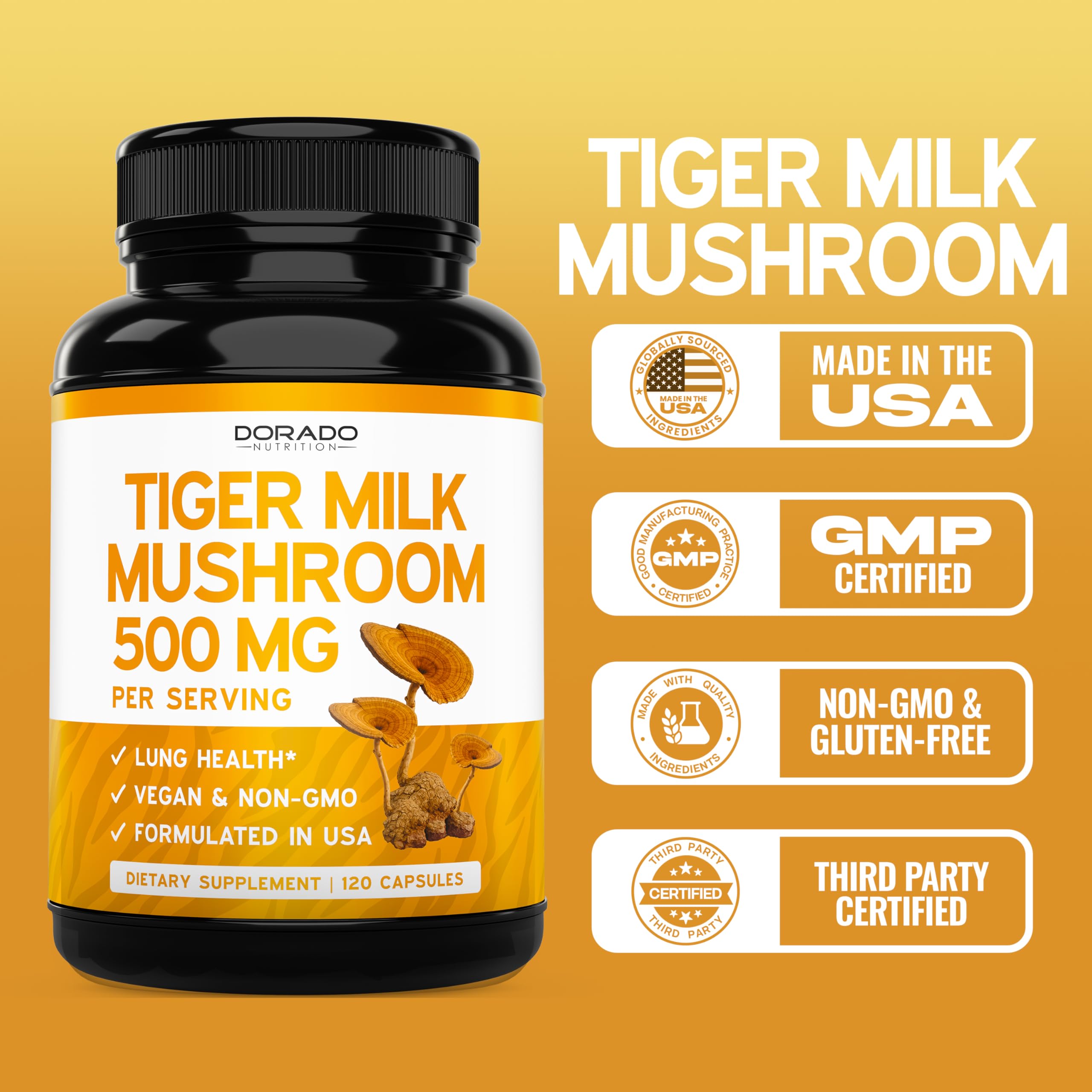 DORADO NUTRITION Tiger Milk Mushroom Supplement 500mg capsules with ingredients list