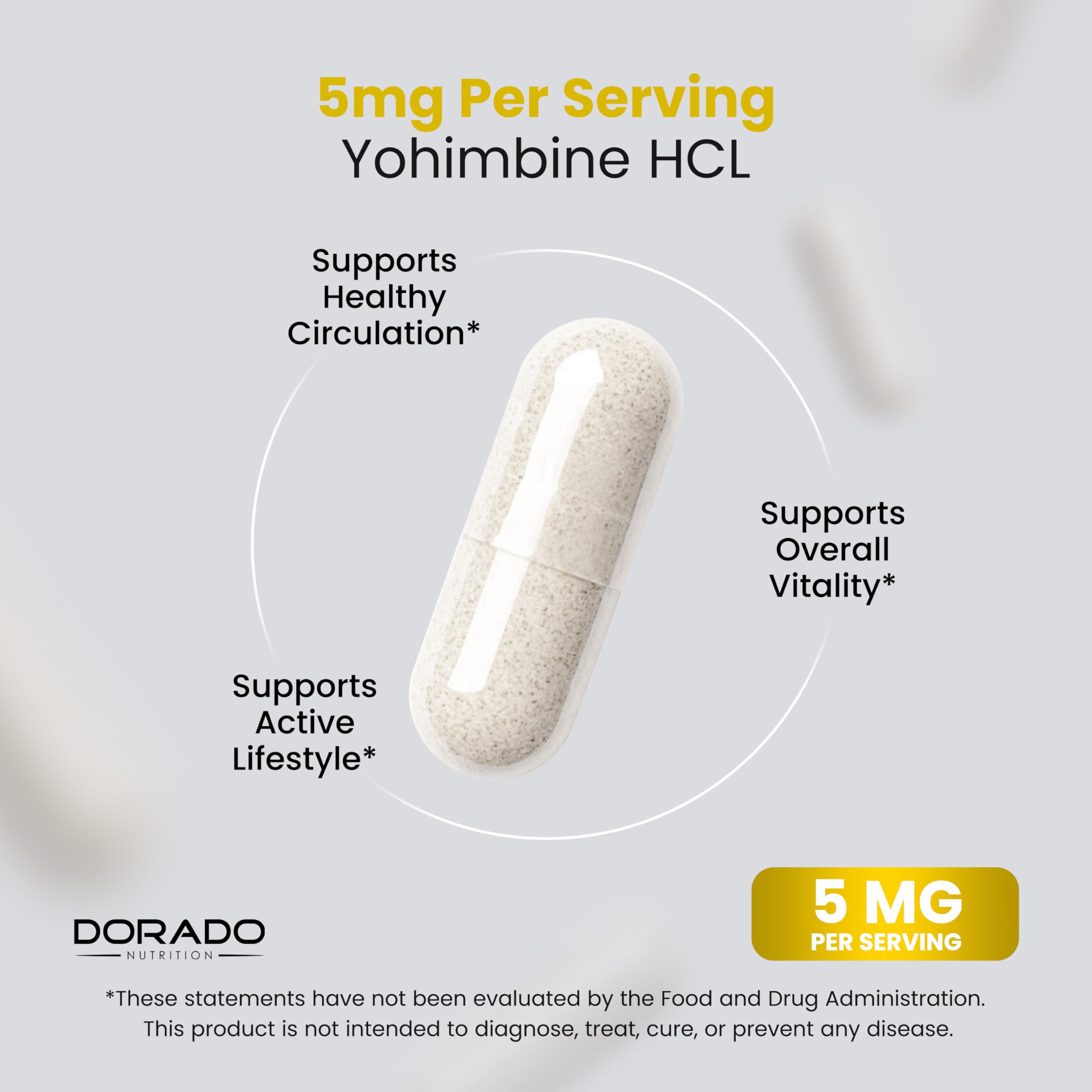 DORADO NUTRITION Yohimbine HCL capsules on a wooden table