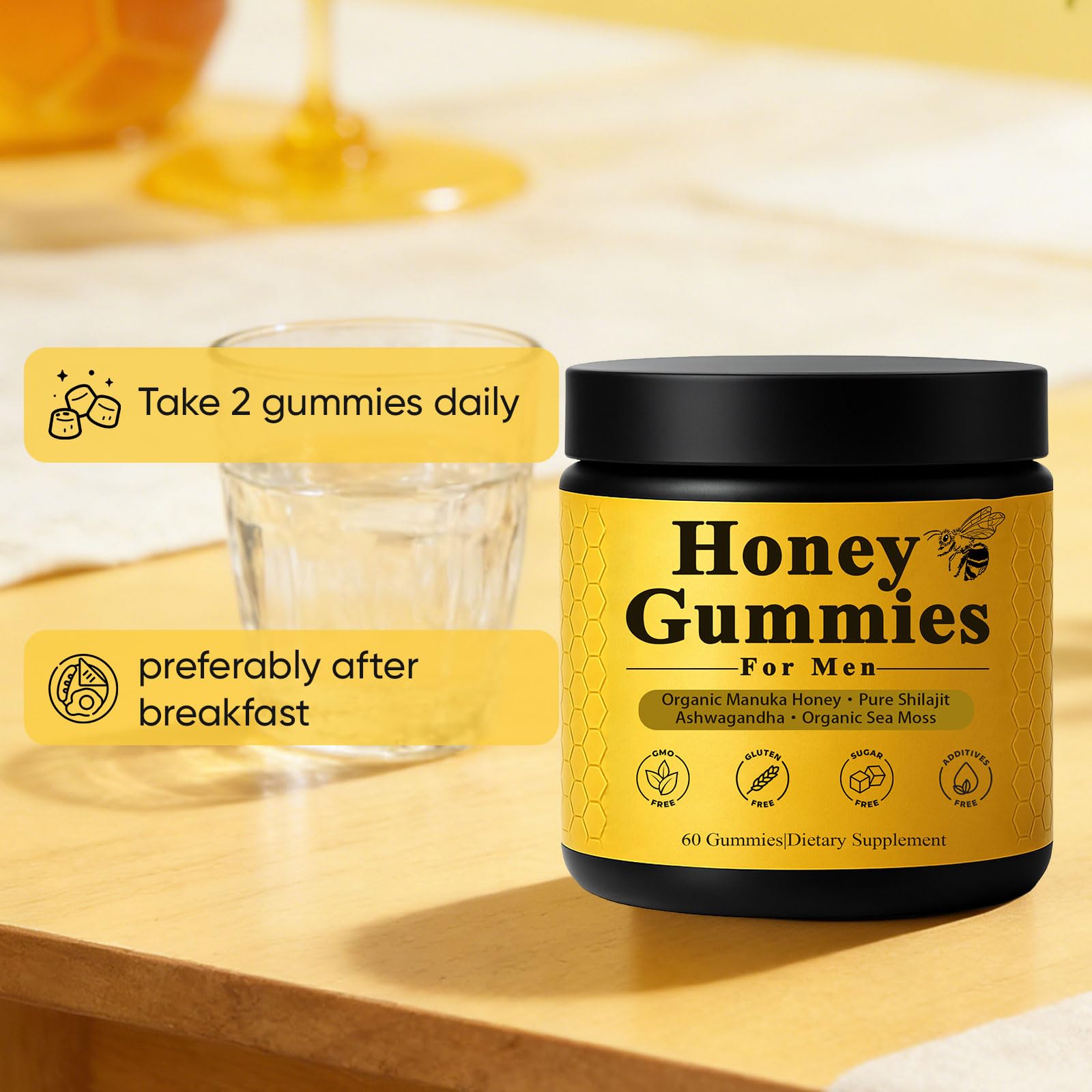 Dotkara Honey Gummies on a wooden table