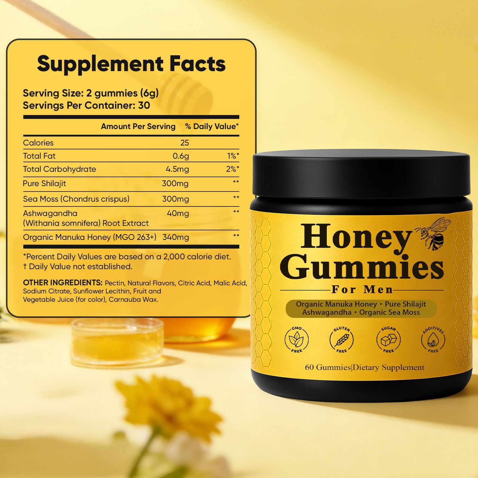 Dotkara Honey Gummies with honey and plant extracts background