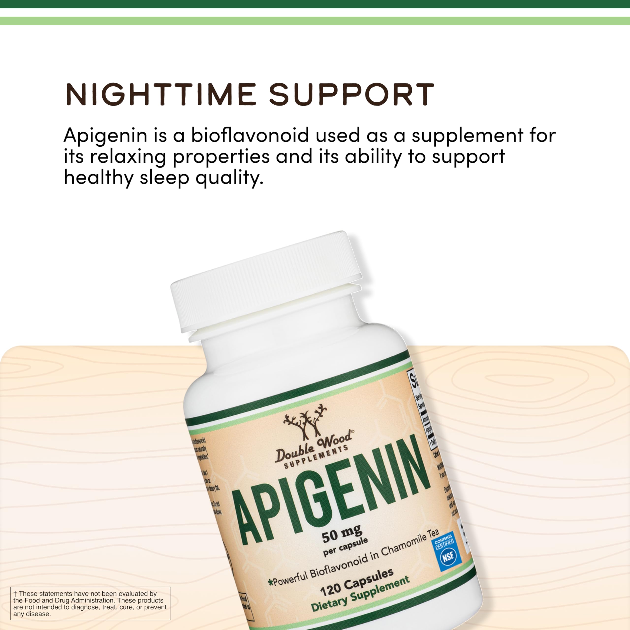 Double Wood Apigenin bottle with dosage information