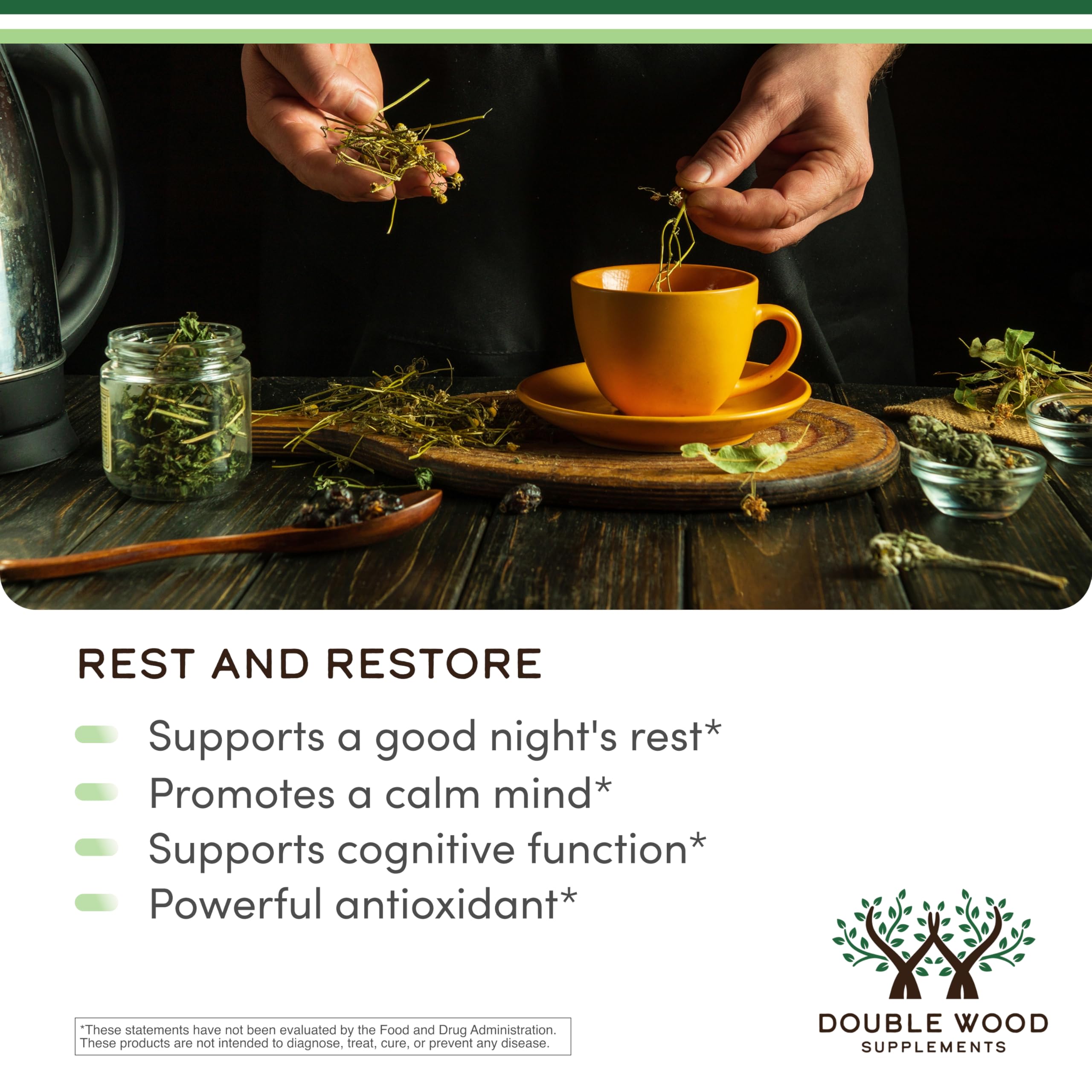 Double Wood Apigenin capsules on a wooden table