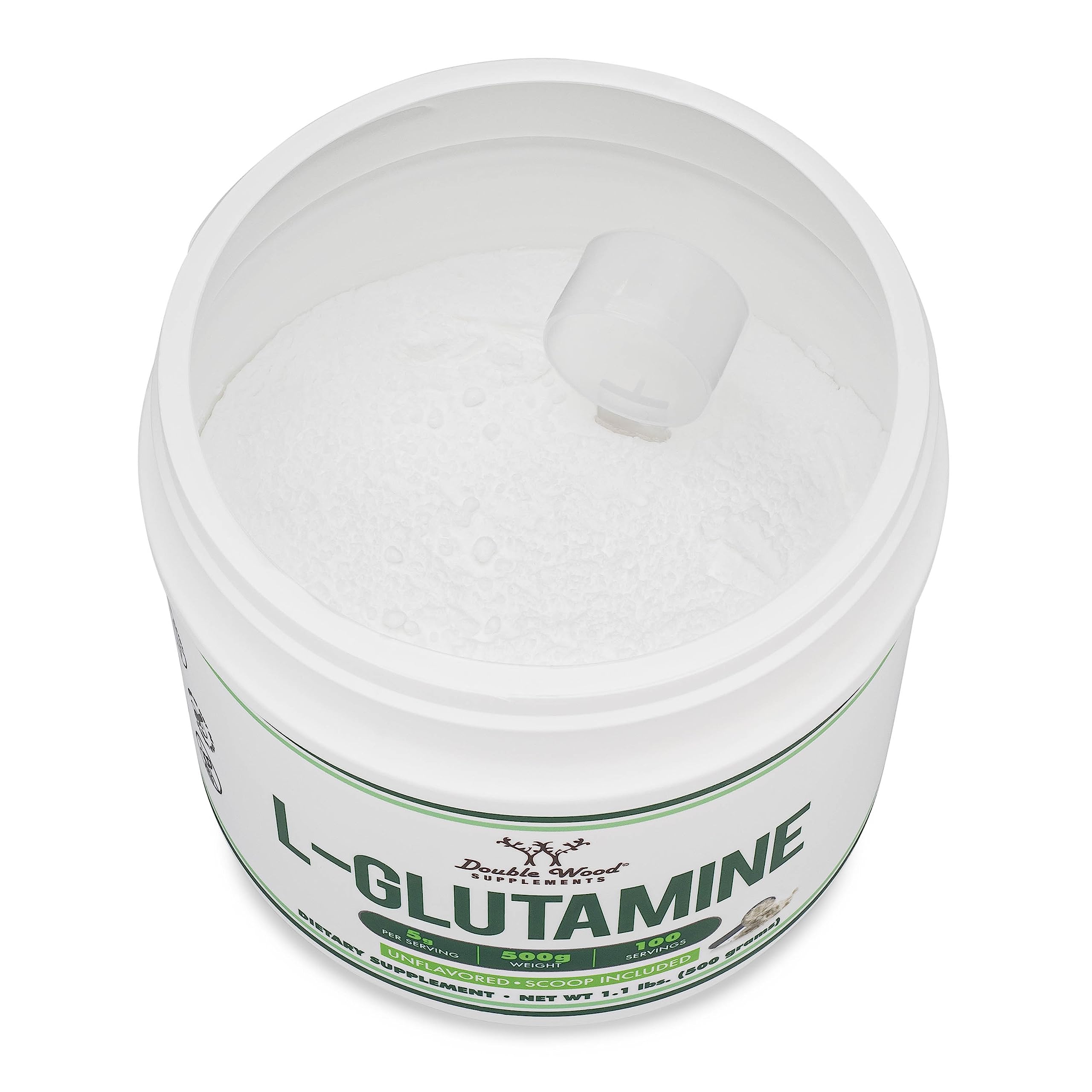Double Wood L-Glutamine Powder 500g on a kitchen counter