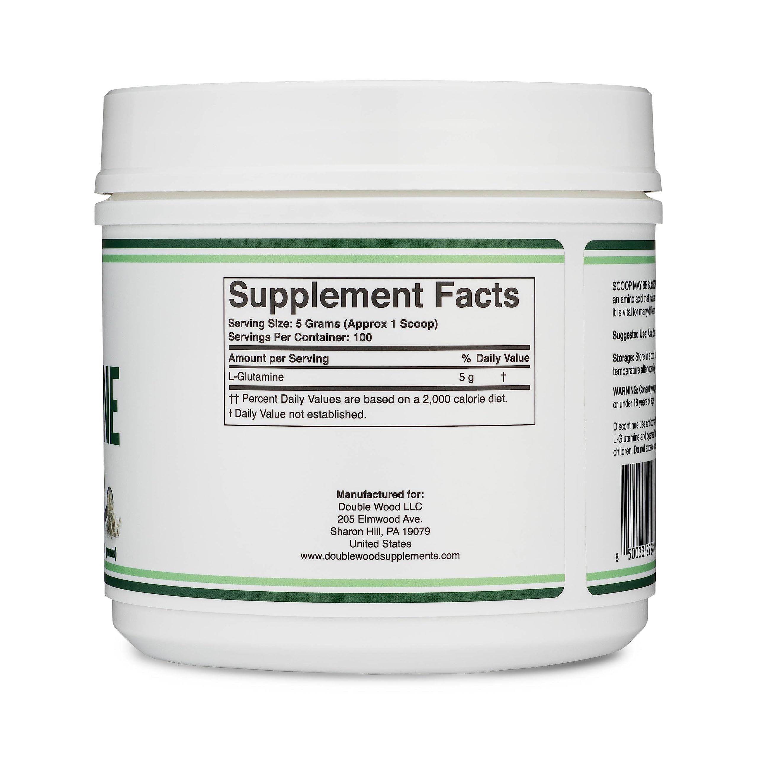 Double Wood L-Glutamine Powder 500g packaging side view