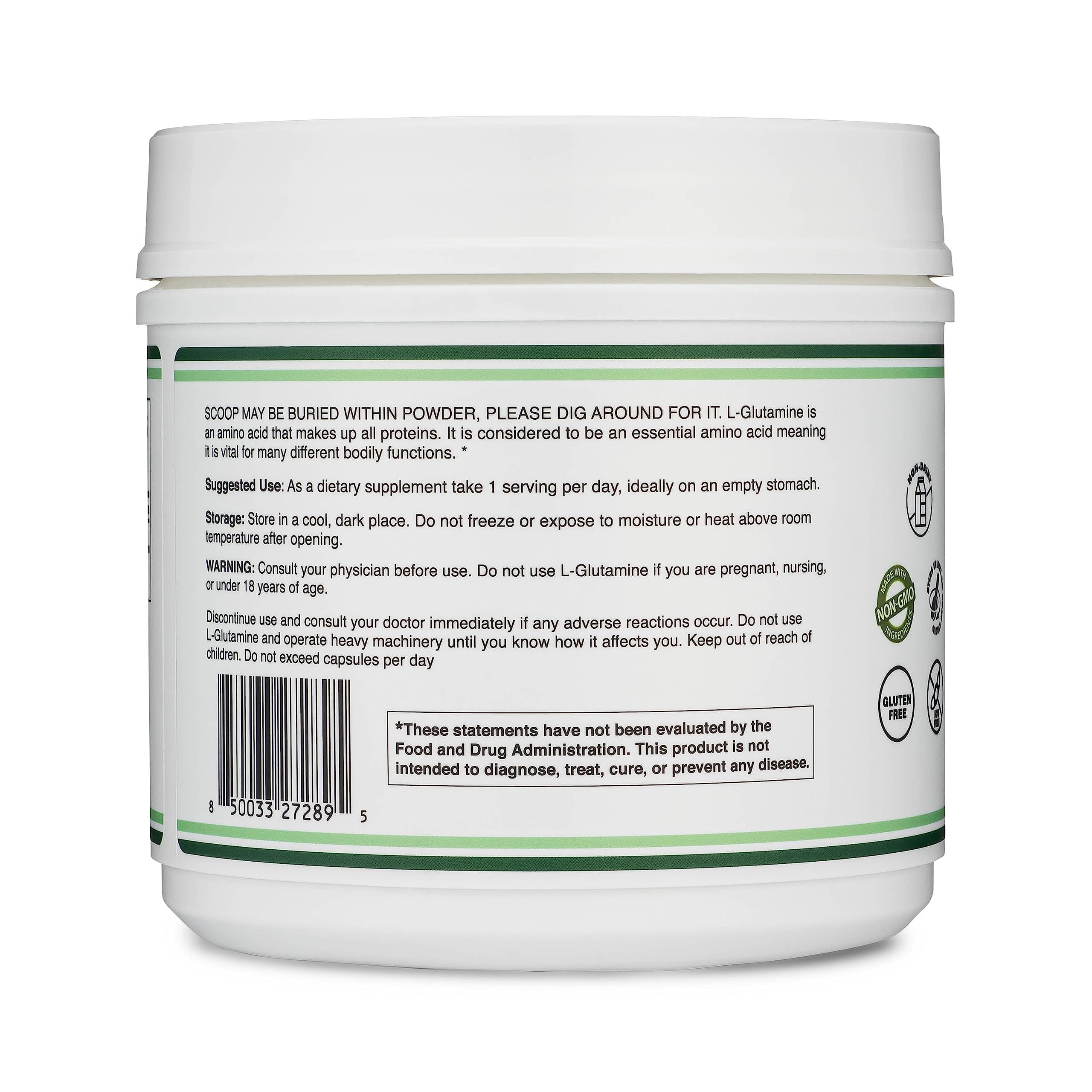 Double Wood L-Glutamine Powder 500g scoop showing powder