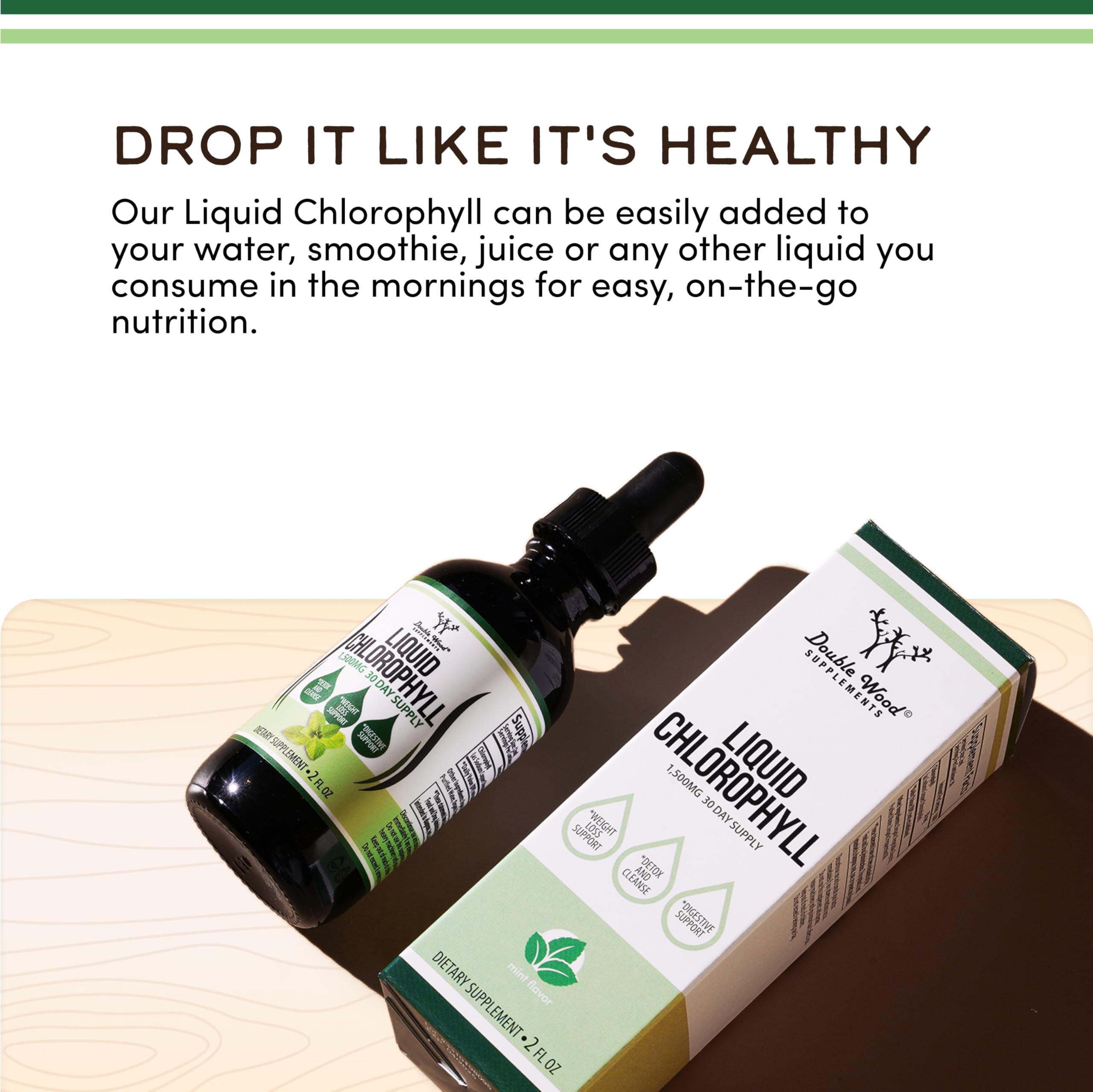Double Wood Liquid Chlorophyll Drops 1g peppermint flavour bottle side view