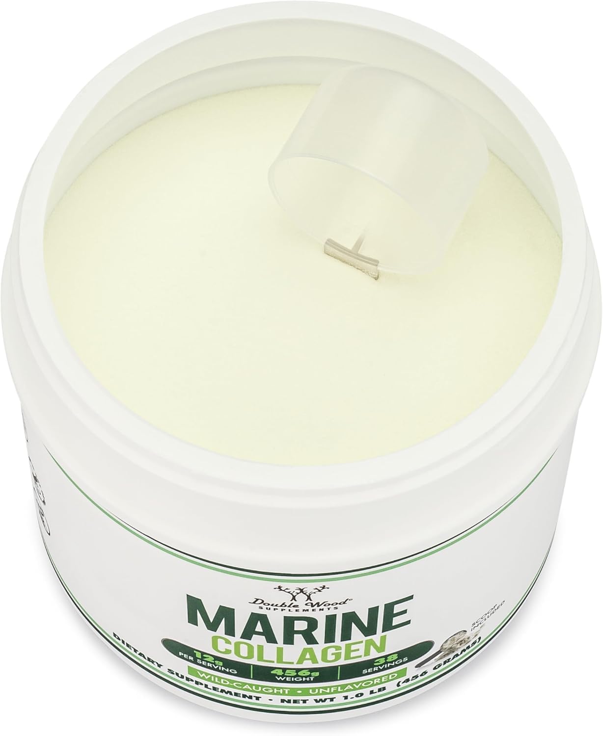 Double Wood Marine Collagen Powder jar with scoop