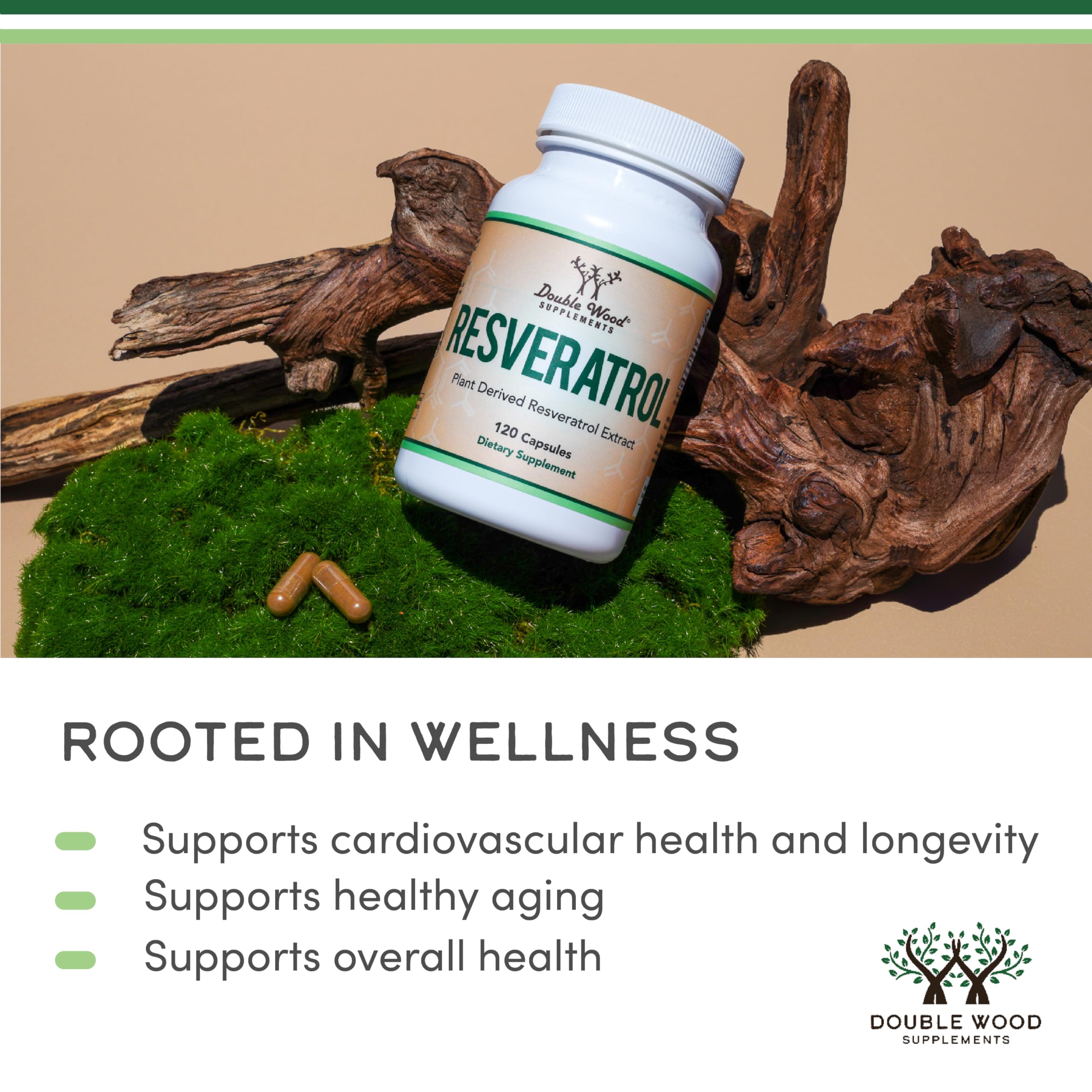 Double Wood Resveratrol 500mg bottle with capsules on a table