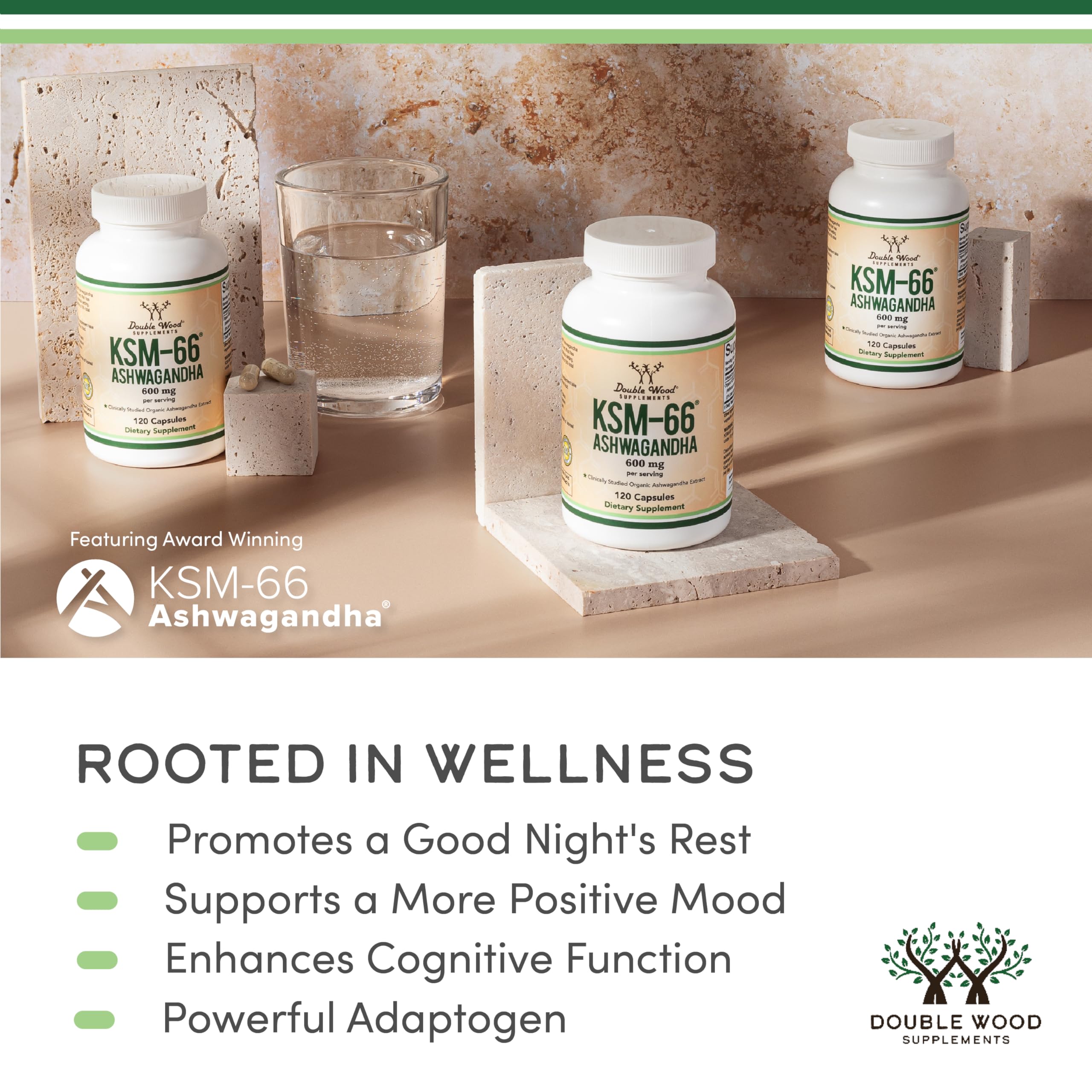Double Wood Supplements Ashwagandha 500mg capsules on a wooden table