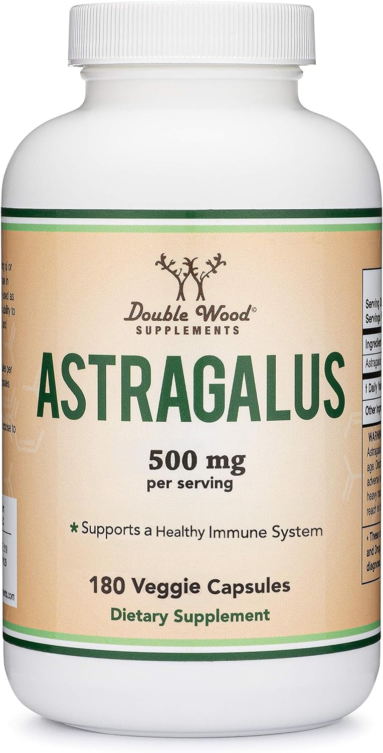 Double Wood Supplements Astragalus Capsules on a wooden table