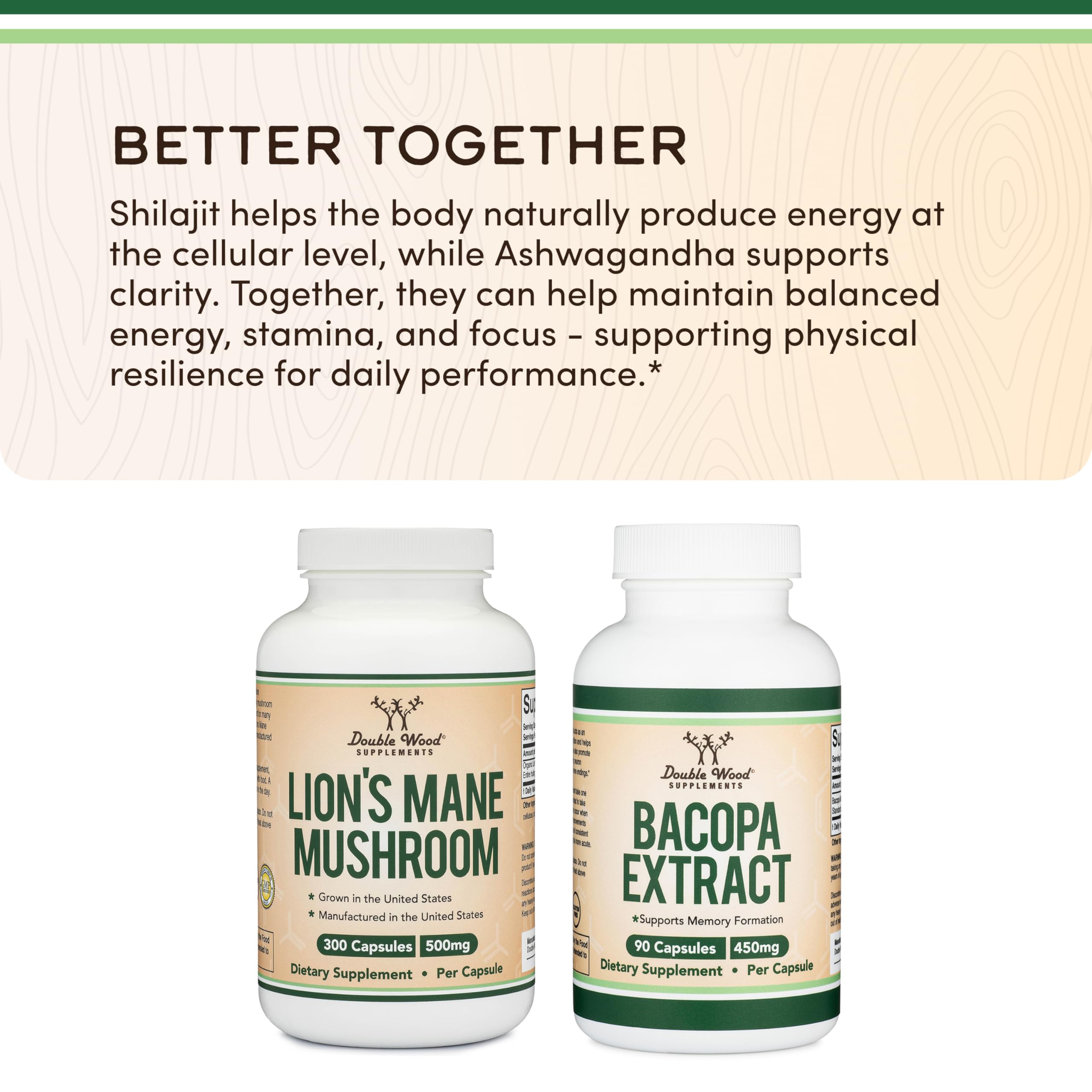 Double Wood Supplements Berberine and Ceylon Cinnamon capsules on a wooden table