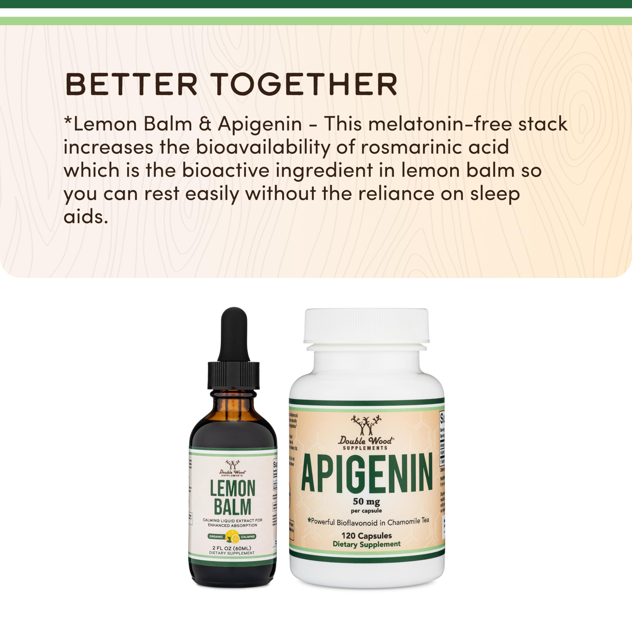 Double Wood Supplements Lemon Balm Liquid Drops on a wooden table