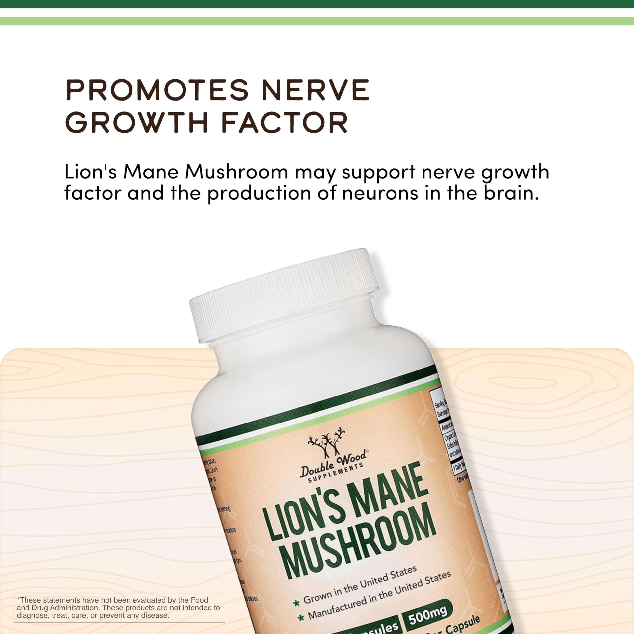 Double Wood Supplements Lion’s Mane Mushroom 1000mg capsules on a table