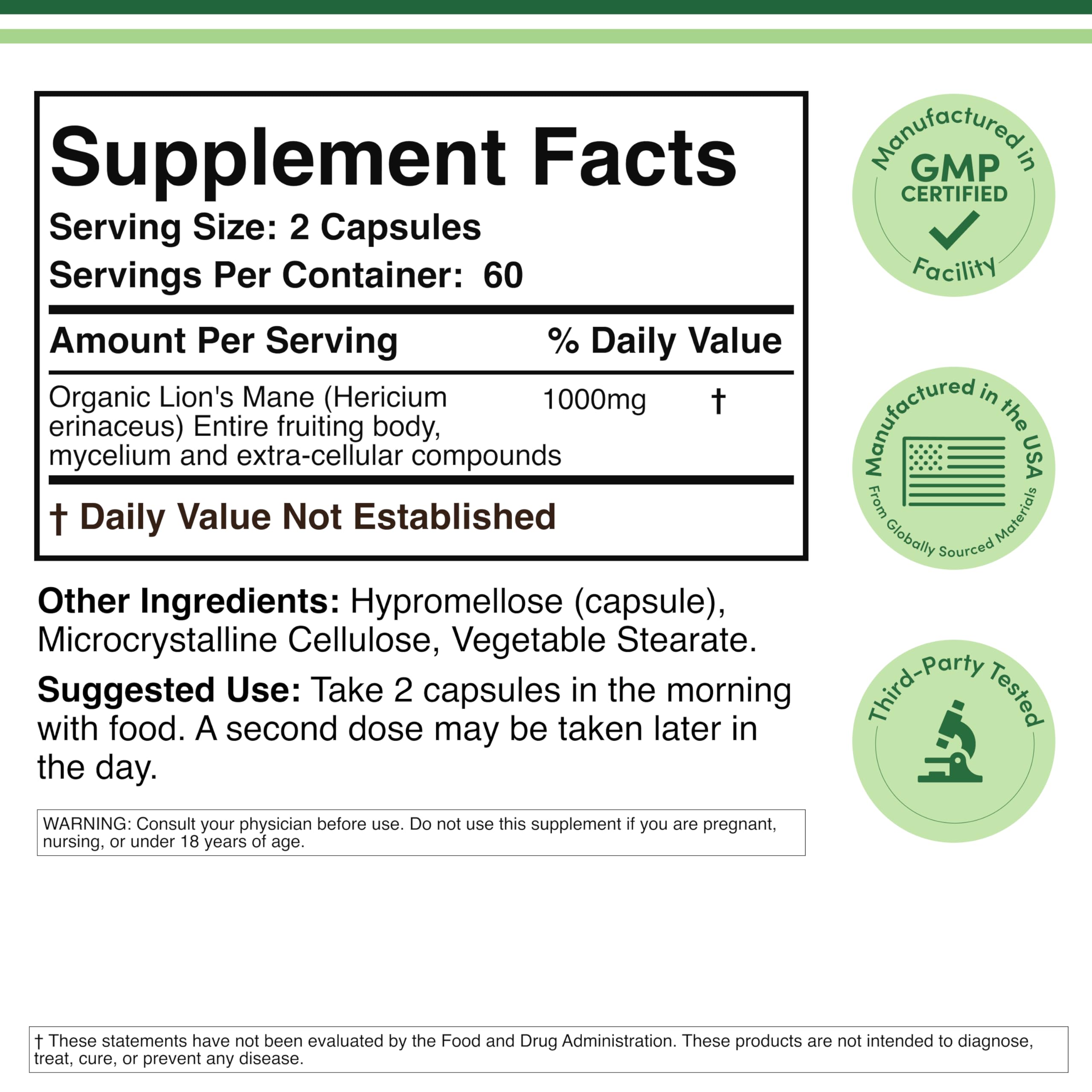 Double Wood Supplements Lion’s Mane Mushroom 1000mg side view
