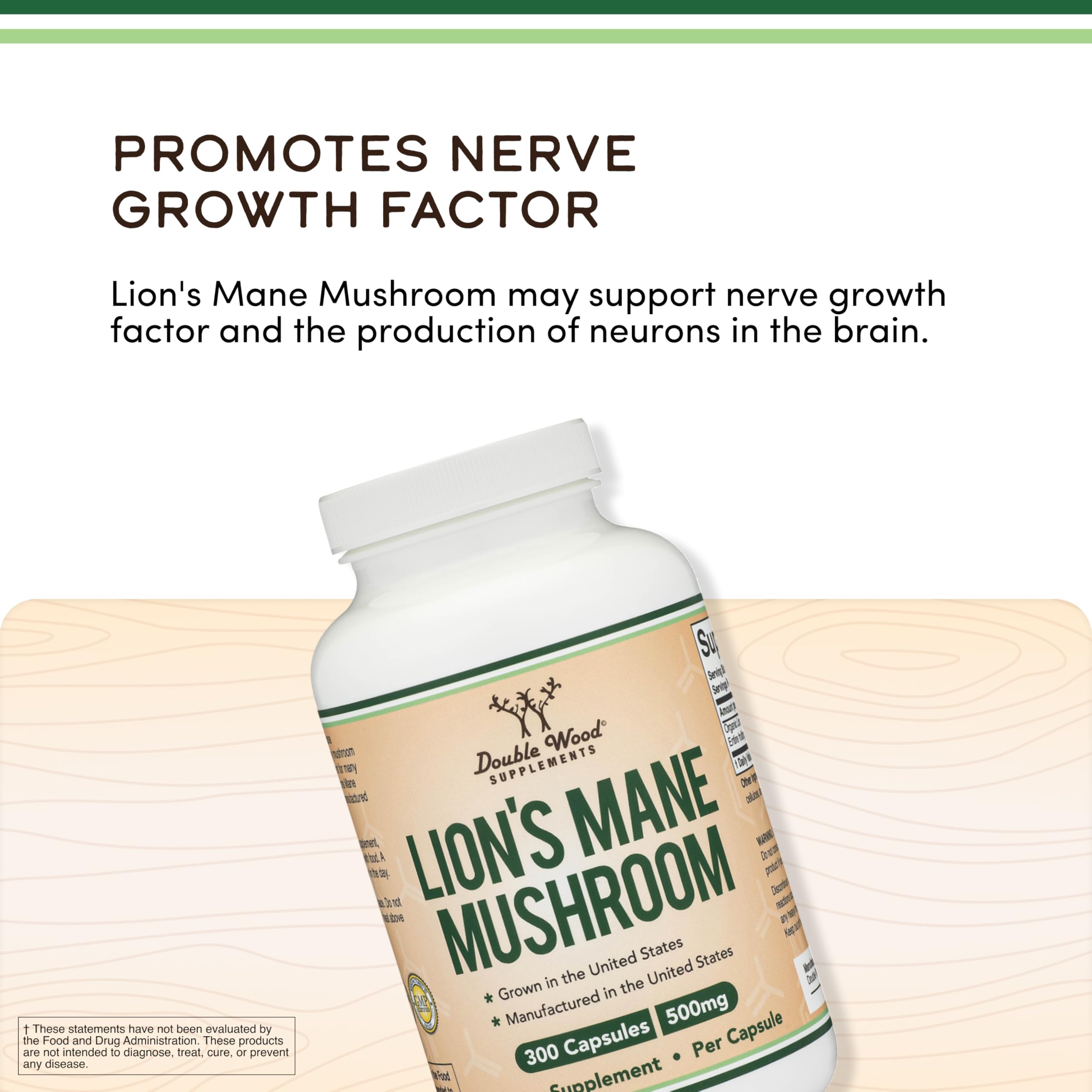 Double Wood Supplements Lion’s Mane Mushroom capsules on a wooden table
