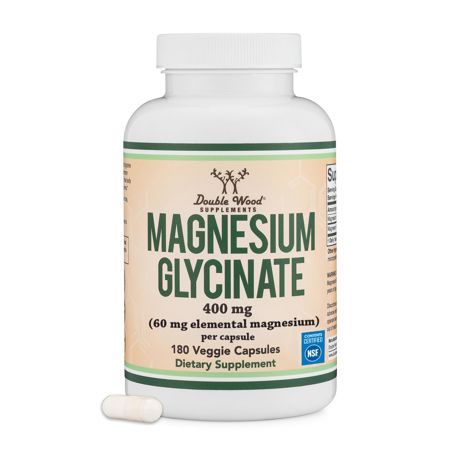 Double Wood Supplements Magnesium Glycinate 400mg 180 Capsules front view
