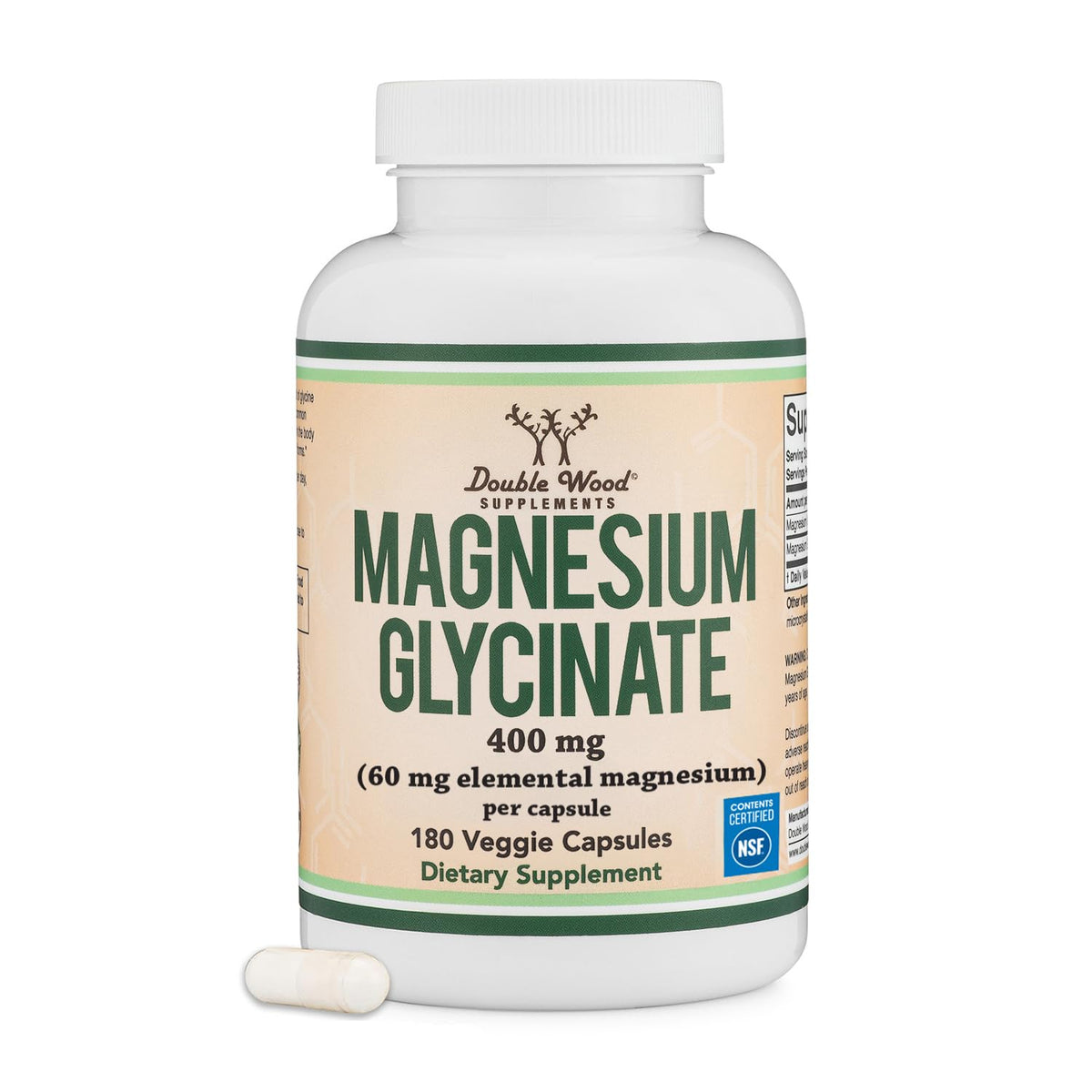 Double Wood Supplements Magnesium Glycinate 400mg 180 Capsules front view