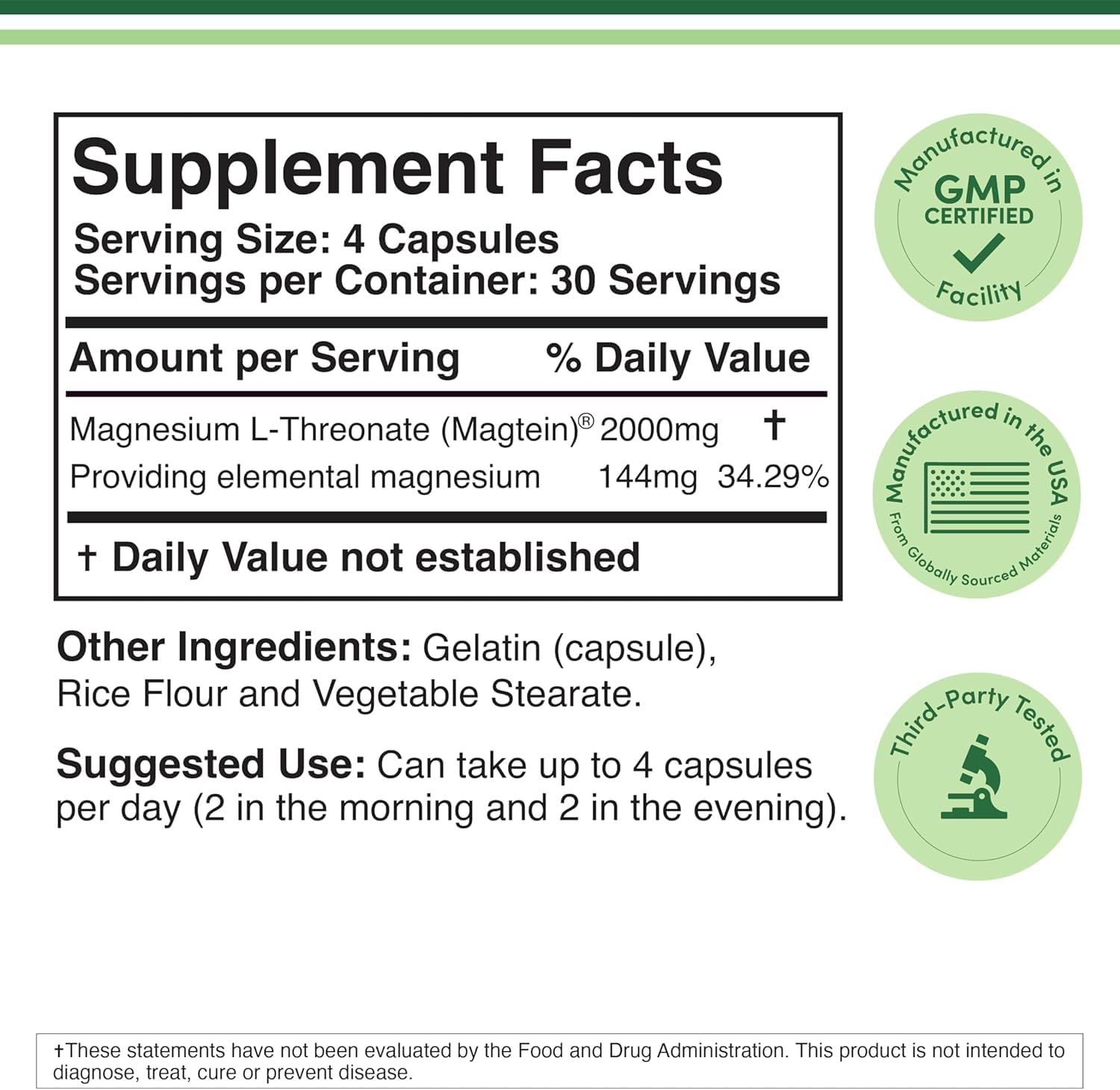 Double Wood Supplements Magnesium L-Threonate 2000mg capsules side view
