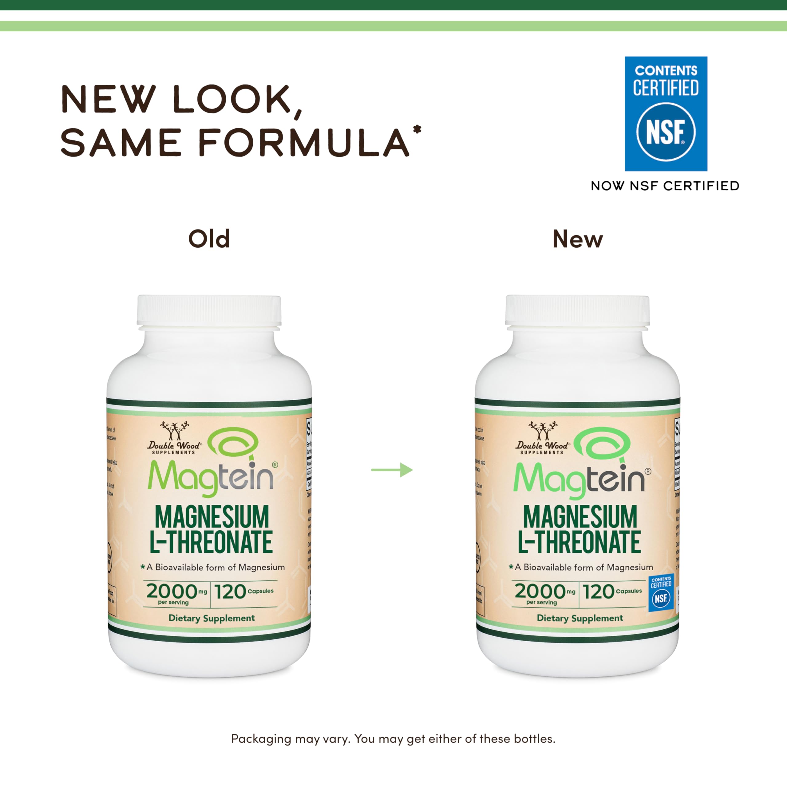 Double Wood Supplements Magnesium L-Threonate 2000mg capsules with dosage information