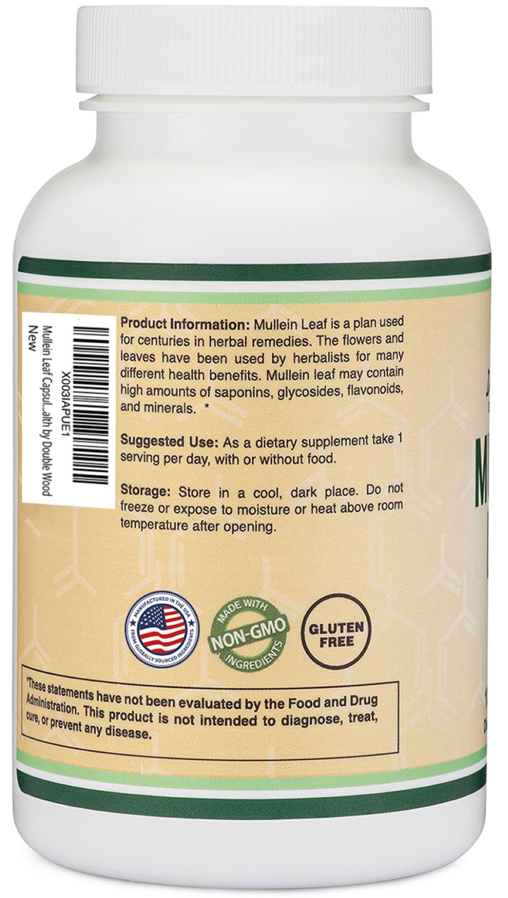 Double Wood Supplements Mullein Leaf Extract Capsules 1000mg back label