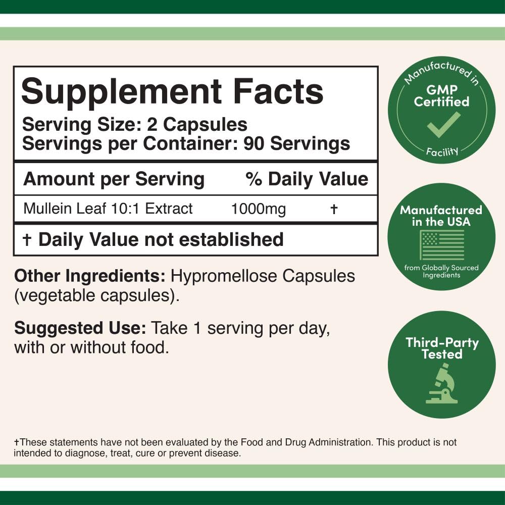 Double Wood Supplements Mullein Leaf Extract Capsules 1000mg bottle side view