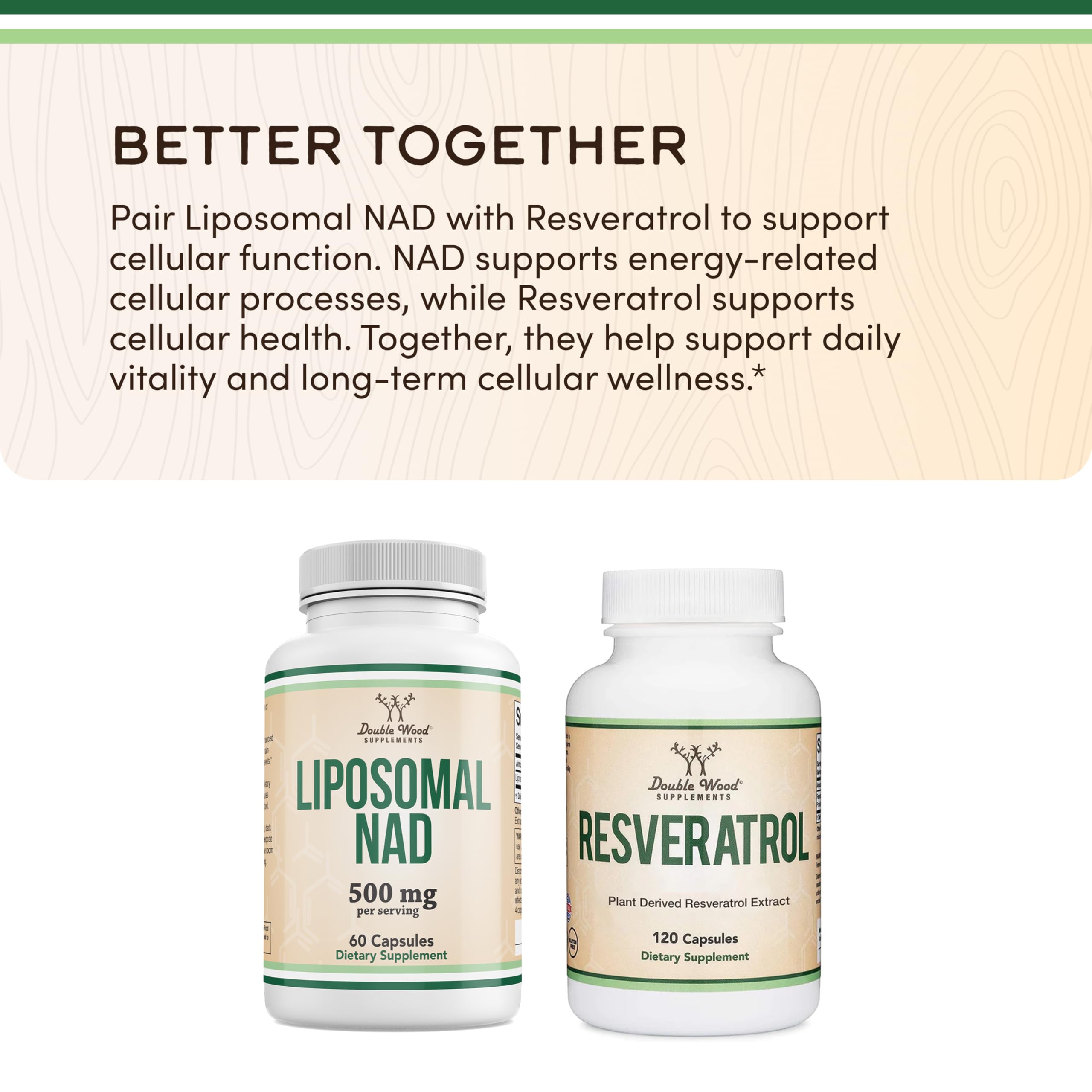 Double Wood Supplements NAD+ 60 Capsules on a wooden table