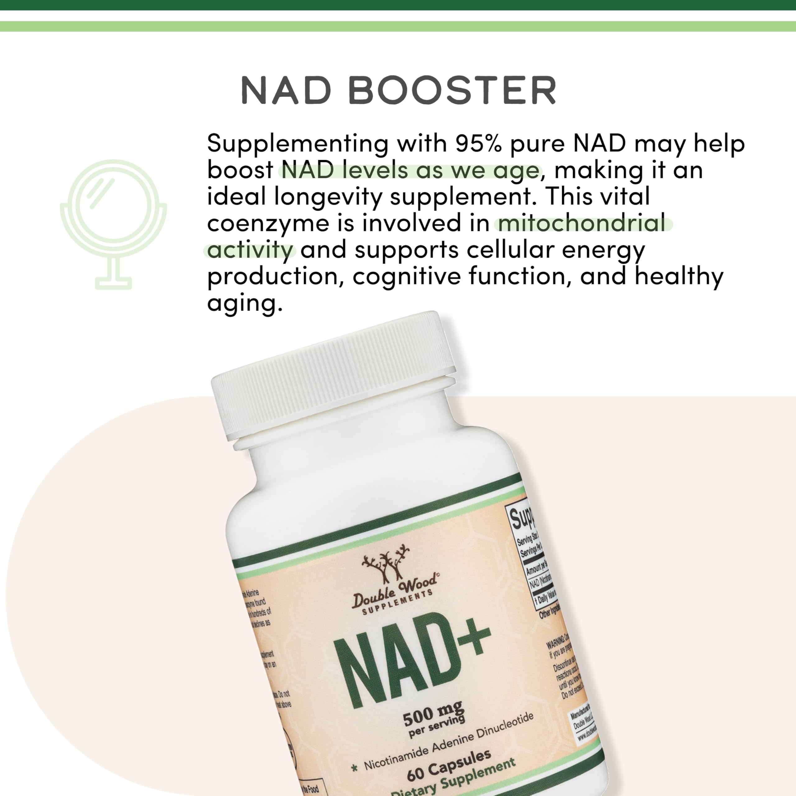 Double Wood Supplements NAD+ 95% Pure Niacin Capsules side view