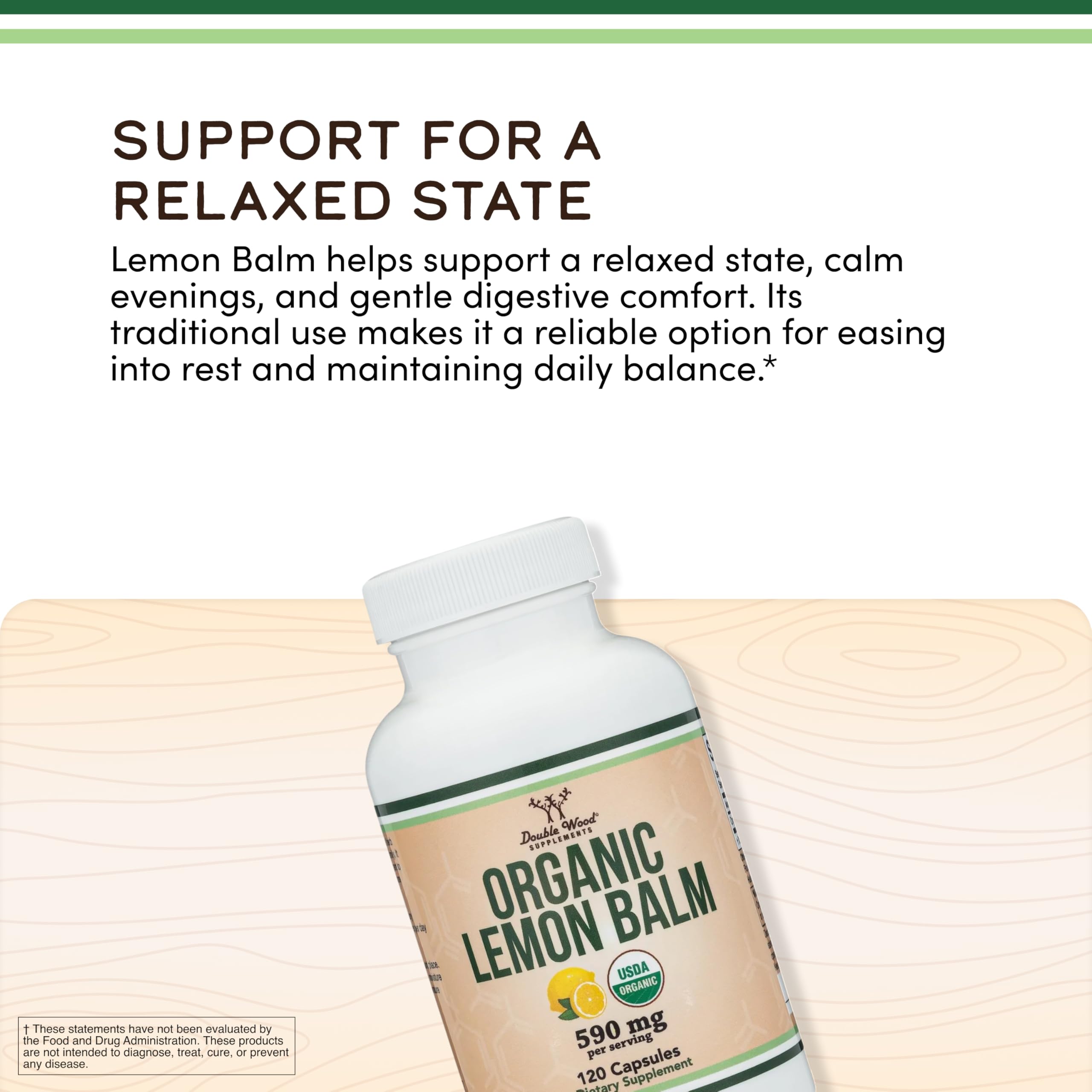 Double Wood Supplements Organic Lemon Balm Capsules side view