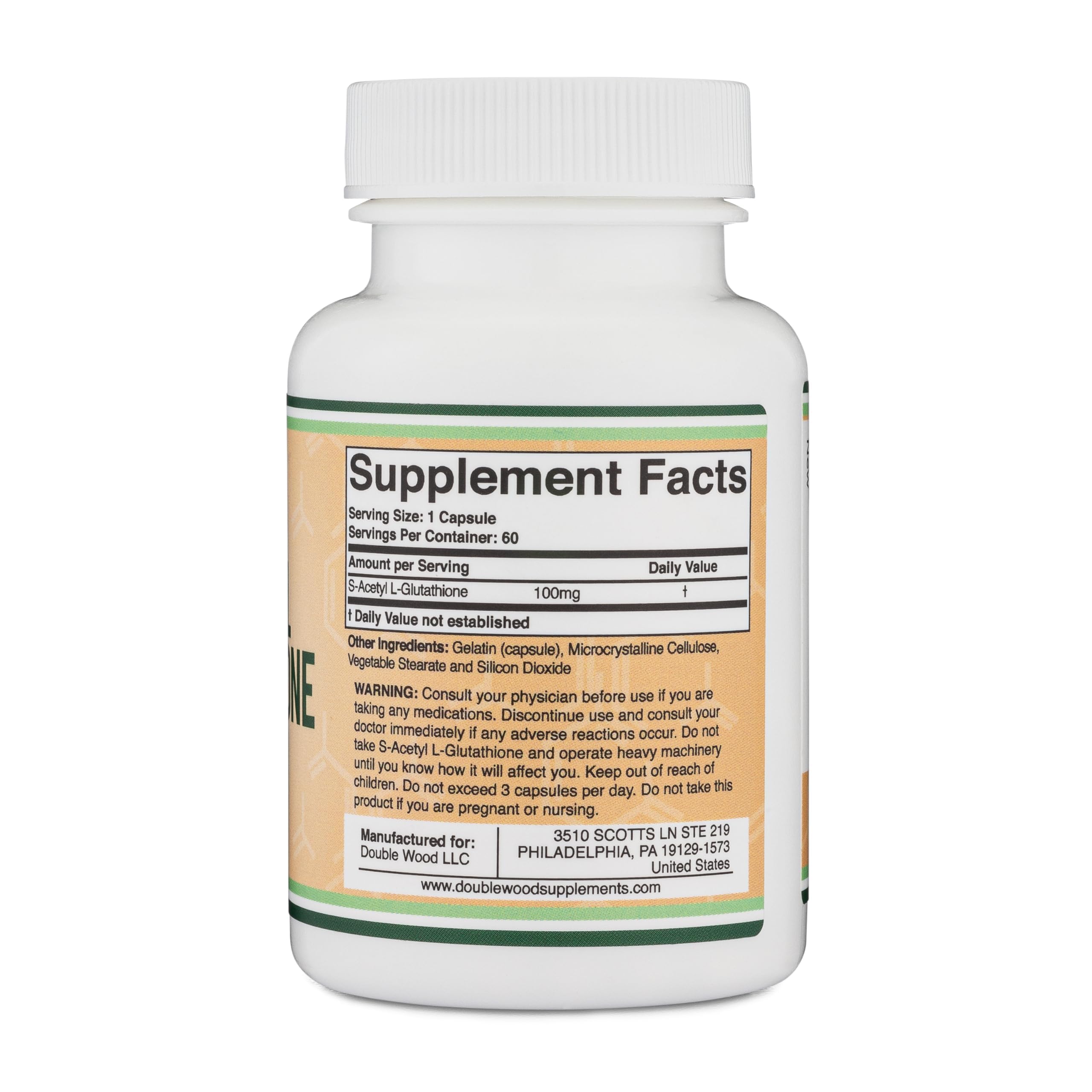 Double Wood Supplements S-Acetyl Glutathione capsules in a hand