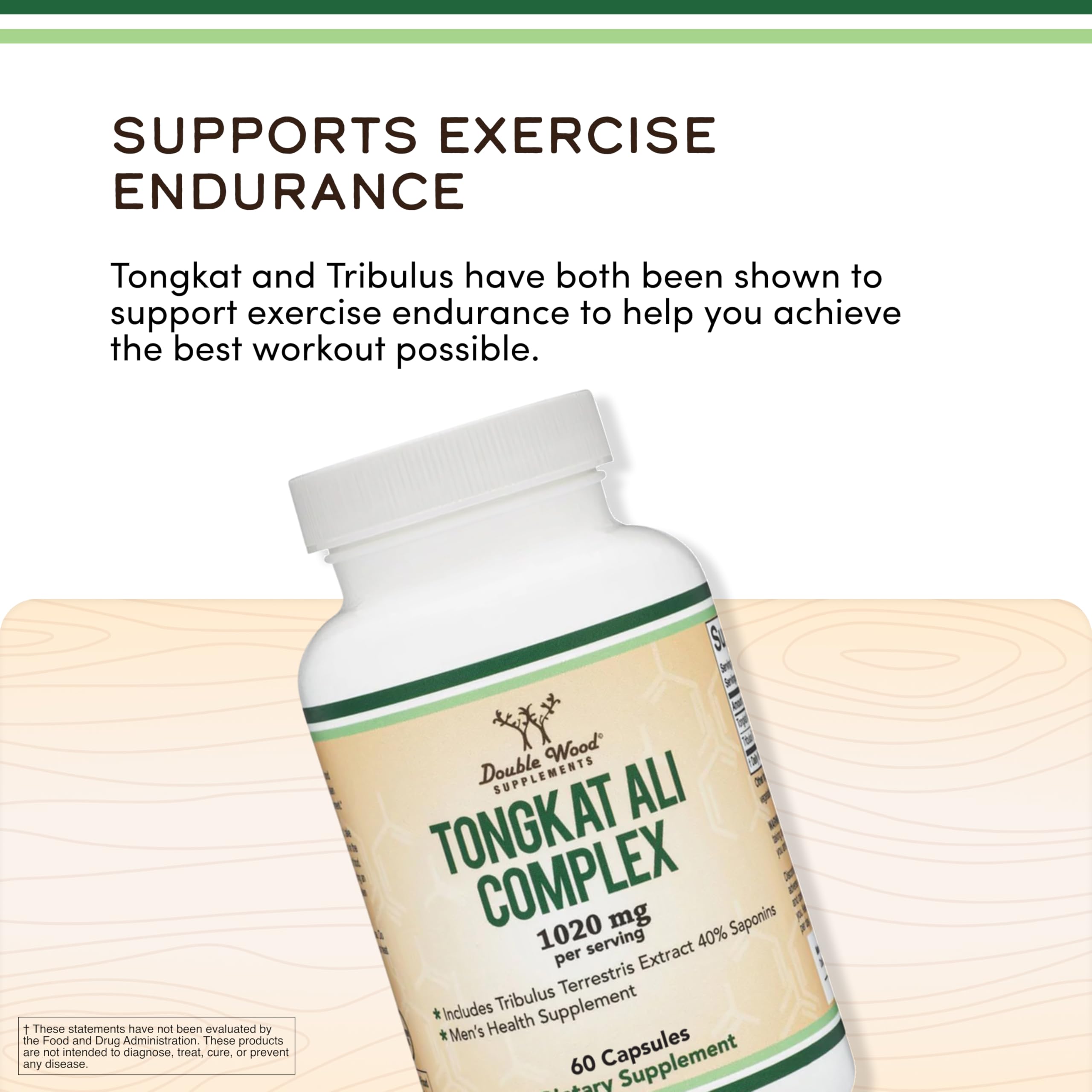 Double Wood Supplements Tongkat Ali & Tribulus Complex capsules on a wooden surface