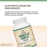 Double Wood Supplements Tongkat Ali & Tribulus Complex capsules on a wooden surface