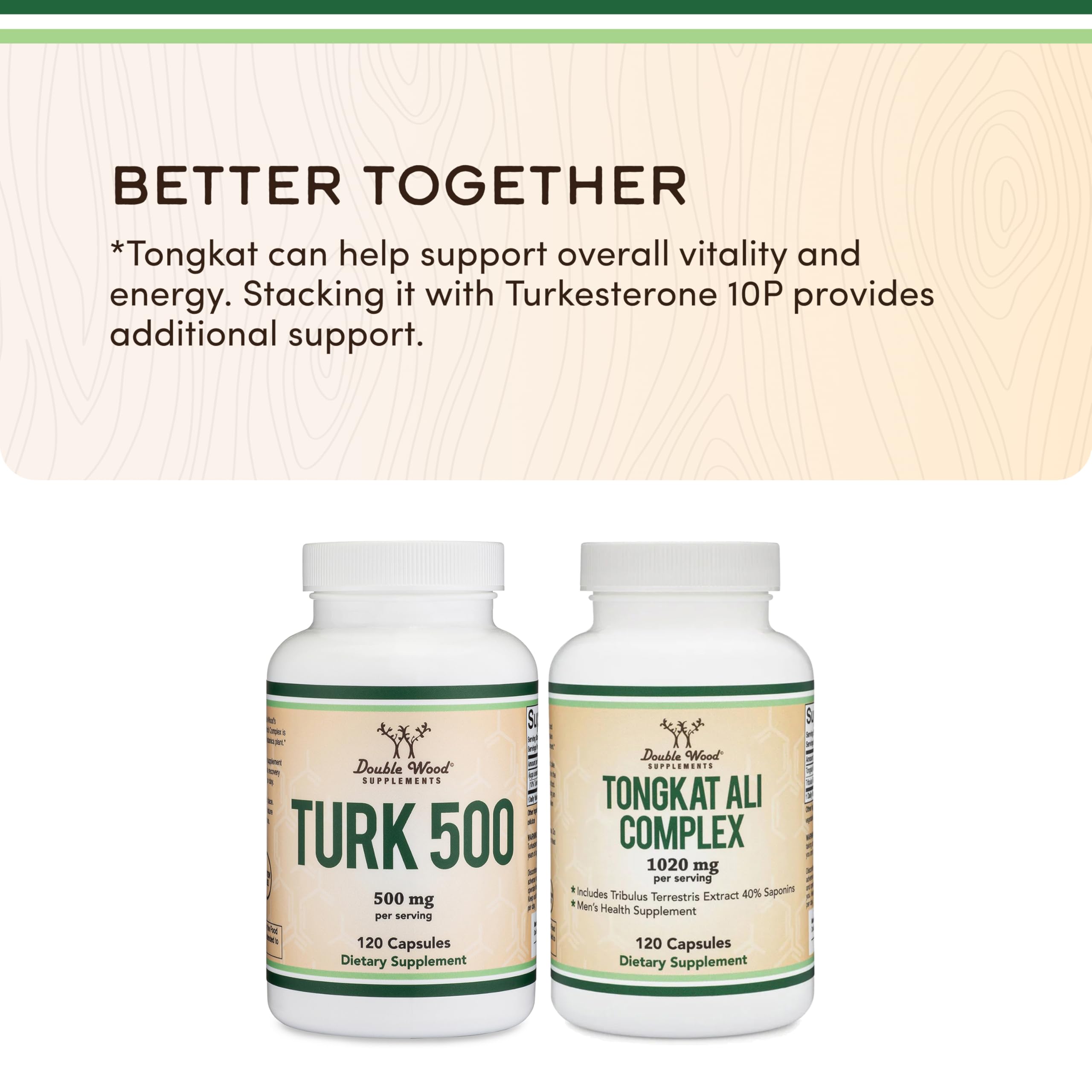Double Wood Turkesterone Capsules on a wooden table