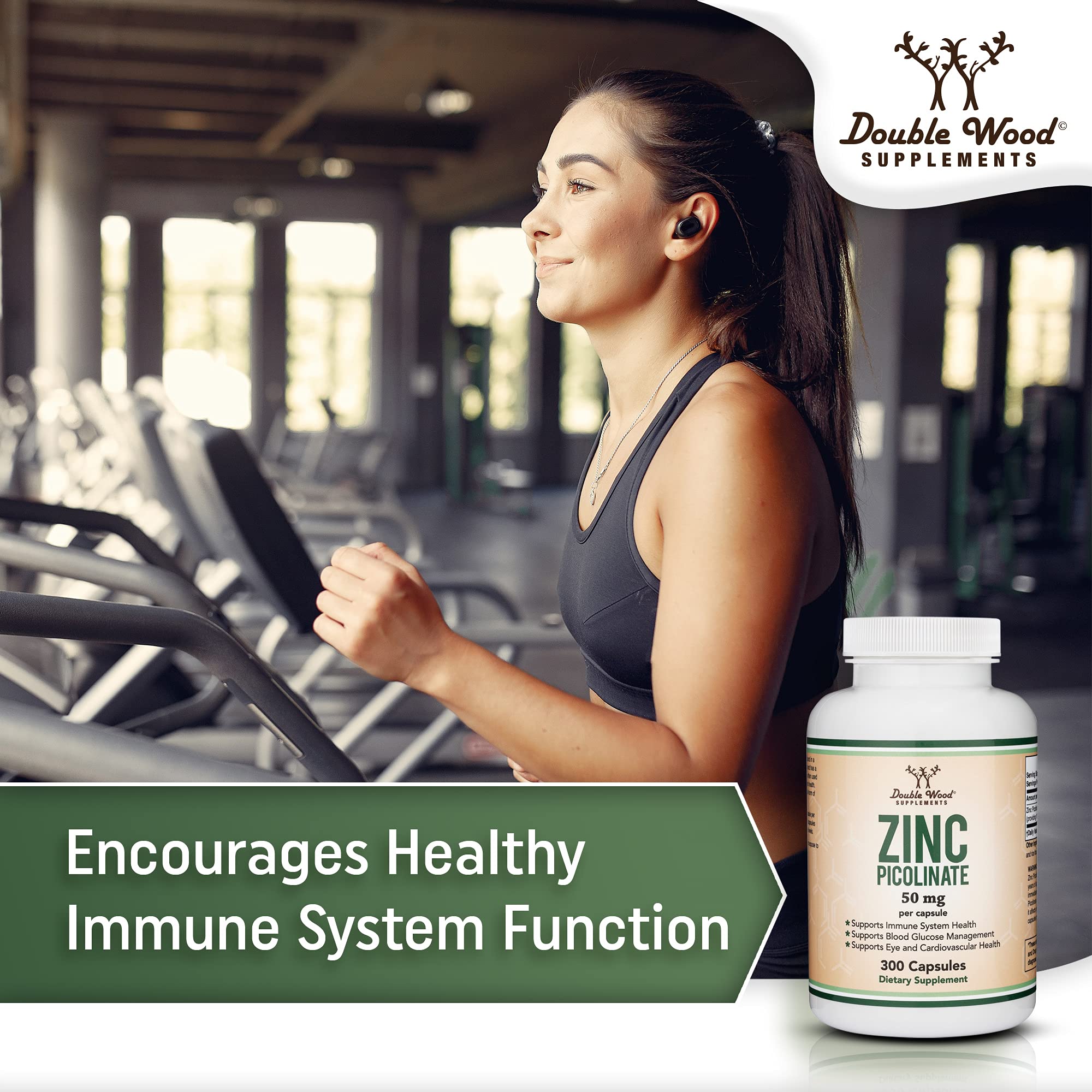 Double Wood Zinc Picolinate capsules on a wooden surface