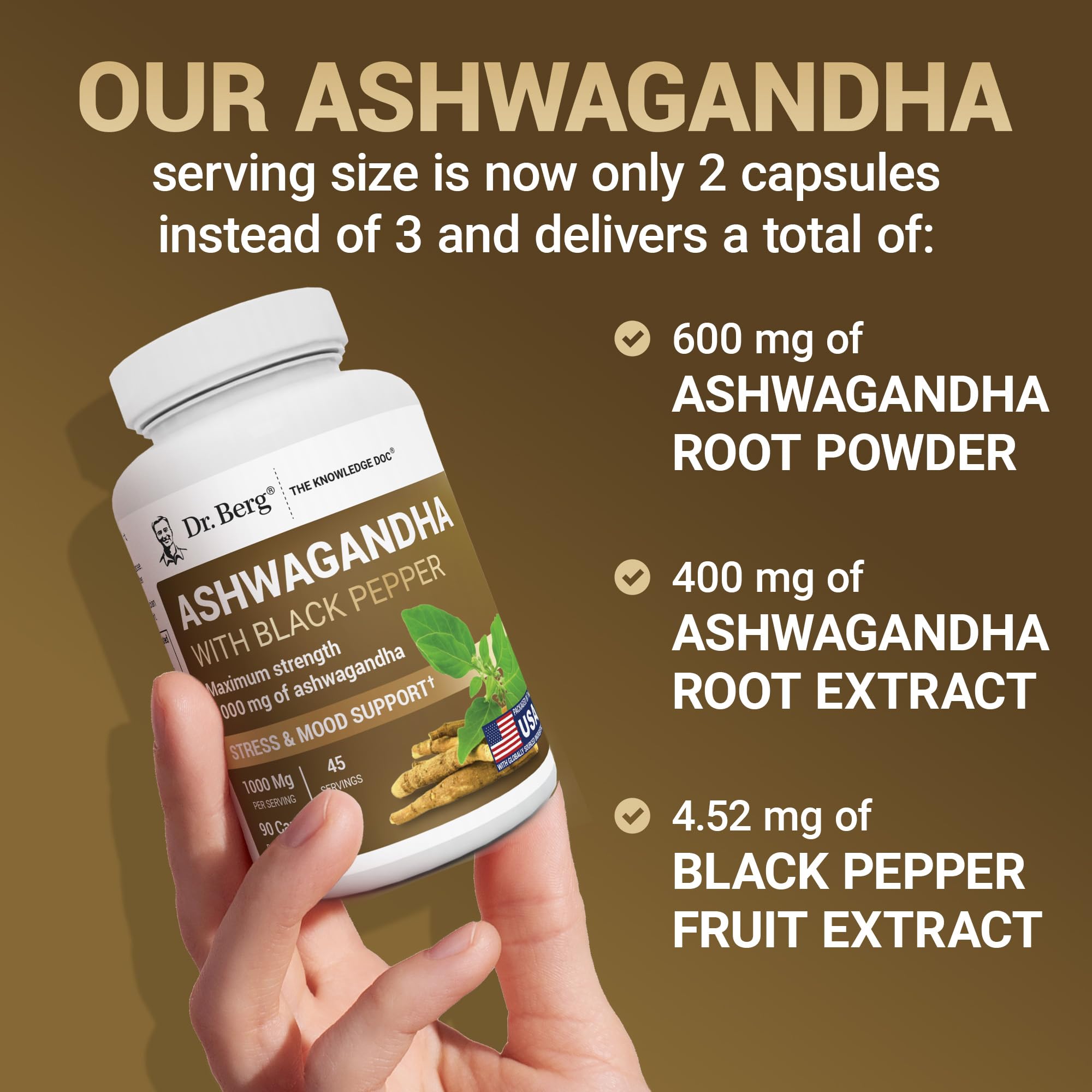Dr. Berg Nutritionals Ashwagandha Capsules with a measuring spoon