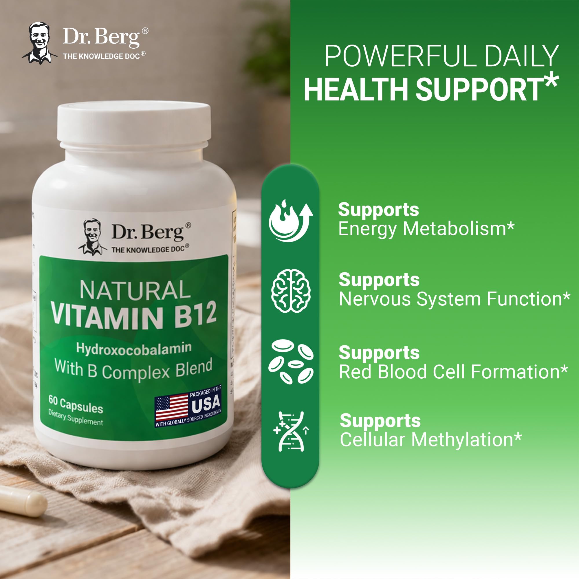 Dr. Berg Nutritionals B12 Hydroxocobalamin 1000mcg Capsules on a wooden table