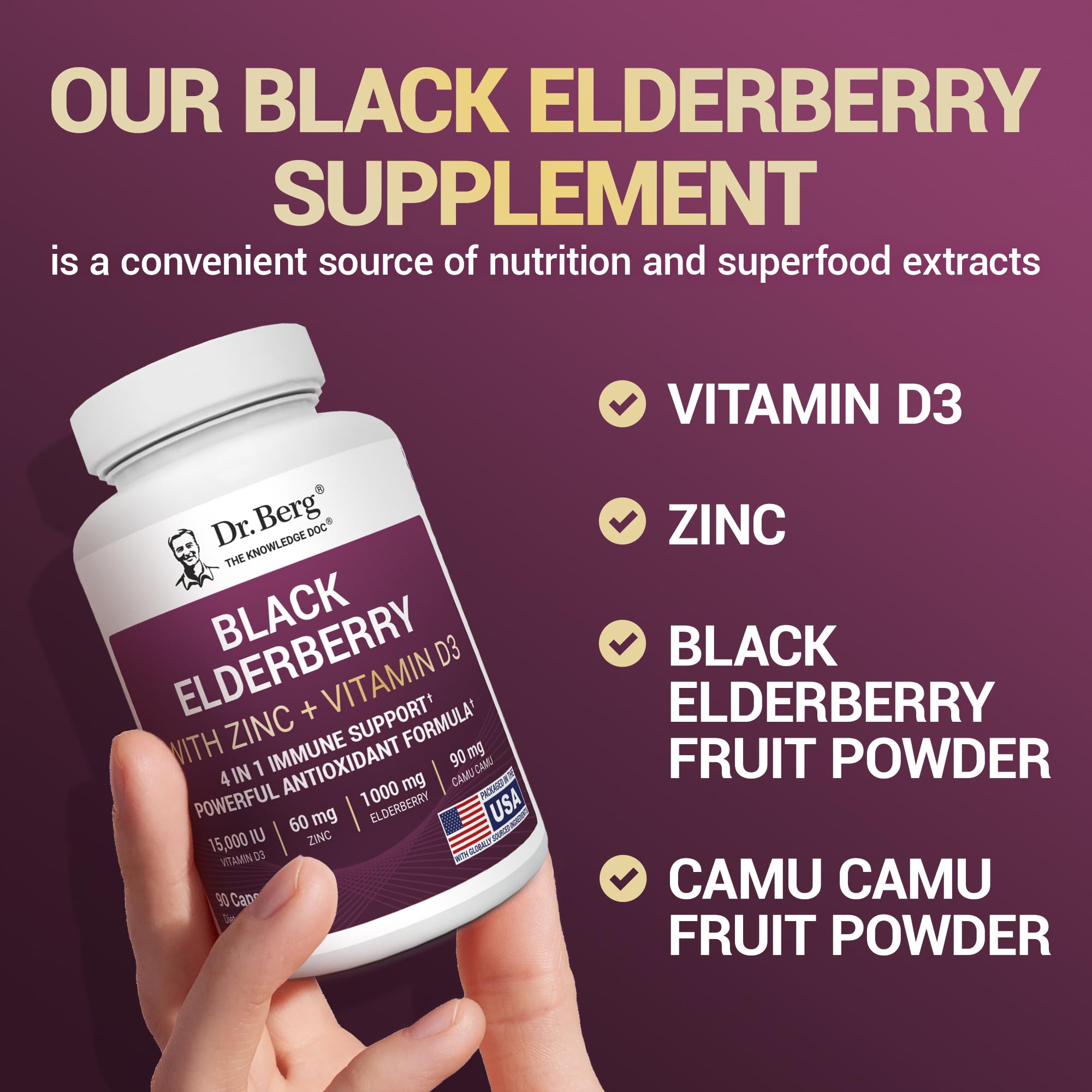 Dr. Berg Nutritionals Elderberry Supplement 1000mg on a wooden table