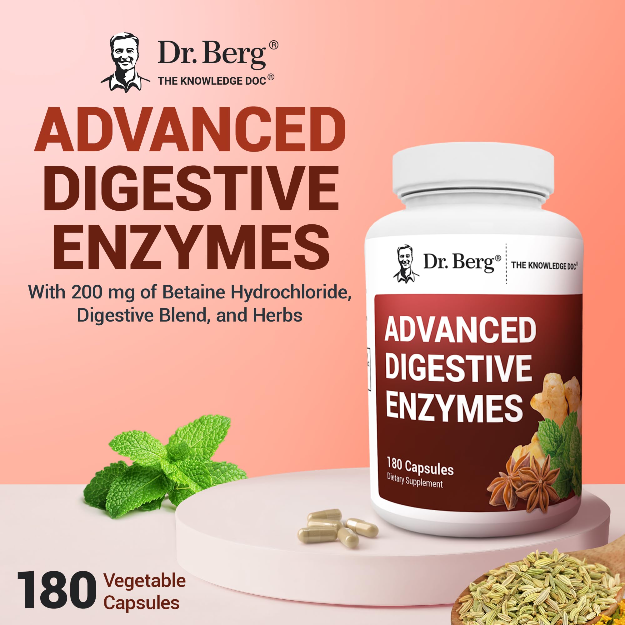 Dr. Berg Nutritionals Multi-Enzymes 200mg Betaine HCl capsule close-up