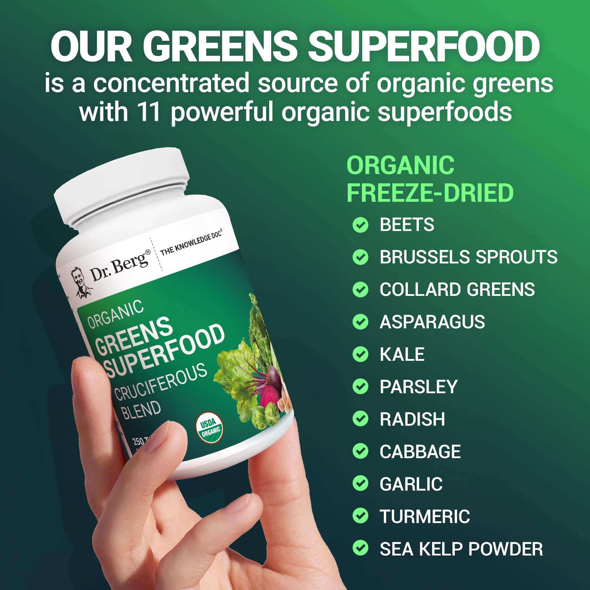 Dr. Berg Nutritionals Organic Vegetable Blend Supplement bottle with a measuring spoon