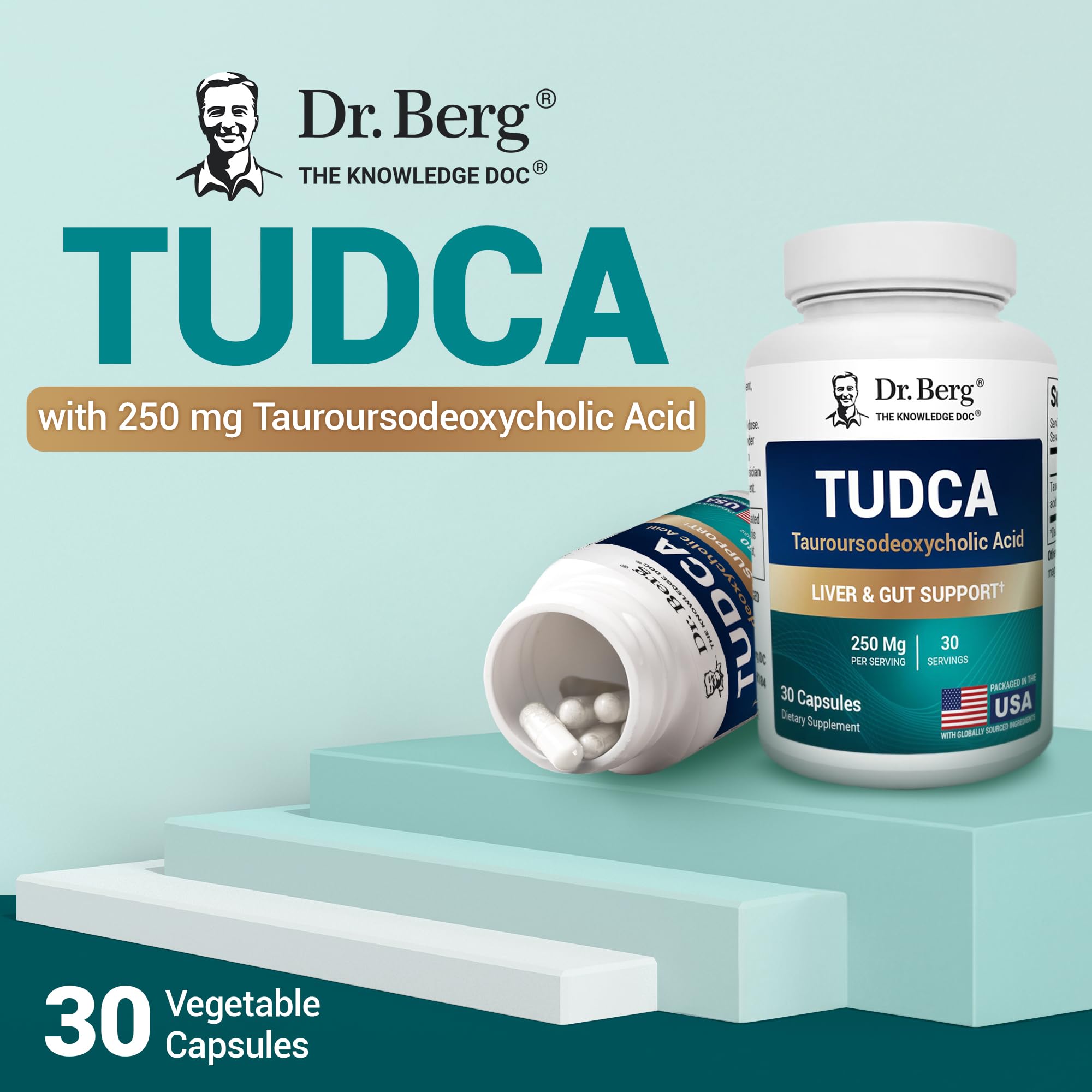 Dr. Berg Nutritionals TUDCA Liver Extract 250mg bottle with a measuring spoon