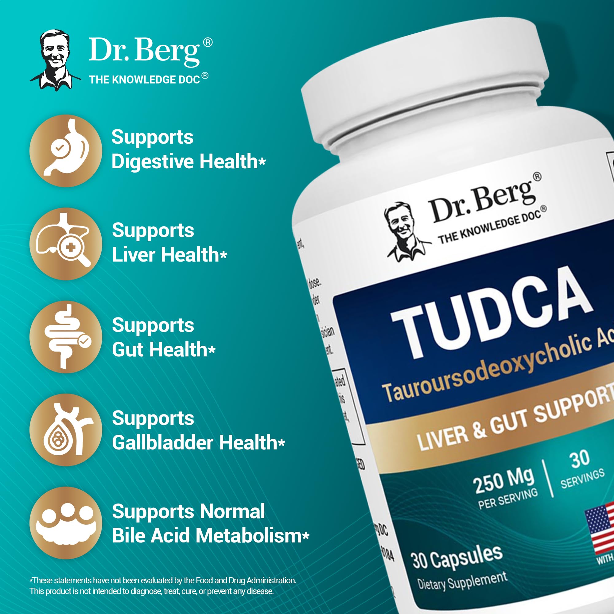 Dr. Berg Nutritionals TUDCA Liver Extract 250mg capsules on a table