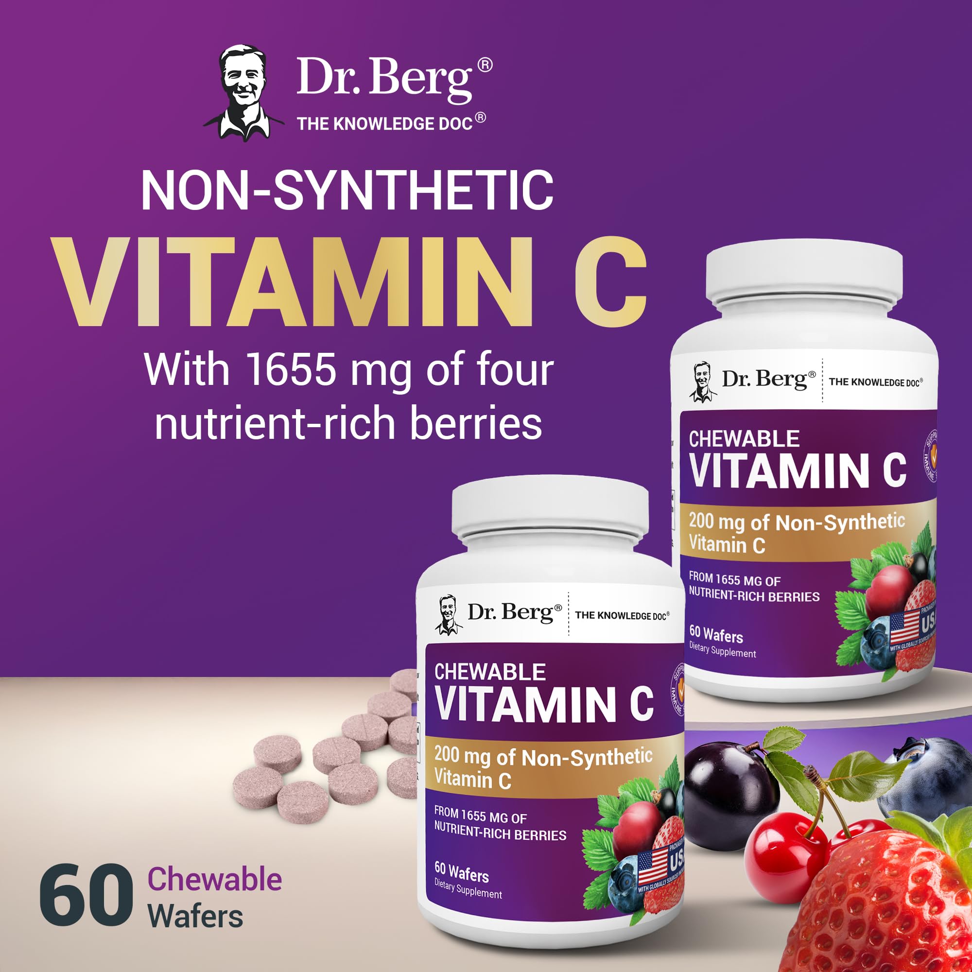 Dr. Berg Nutritionals Vitamin C Chewable Wafers on a wooden table