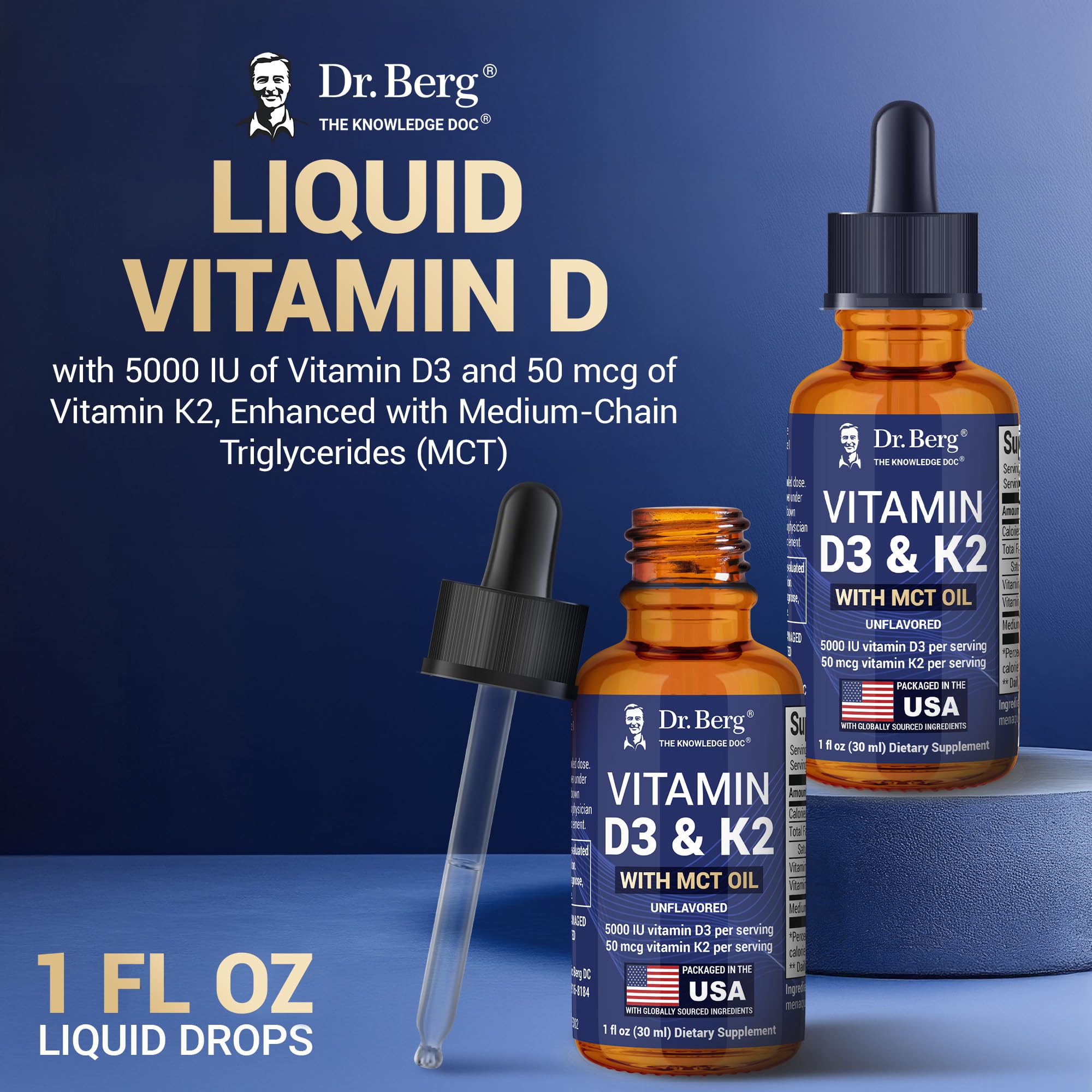 Dr. Berg Nutritionals Vitamin D3 K2 Drops glass bottle side view