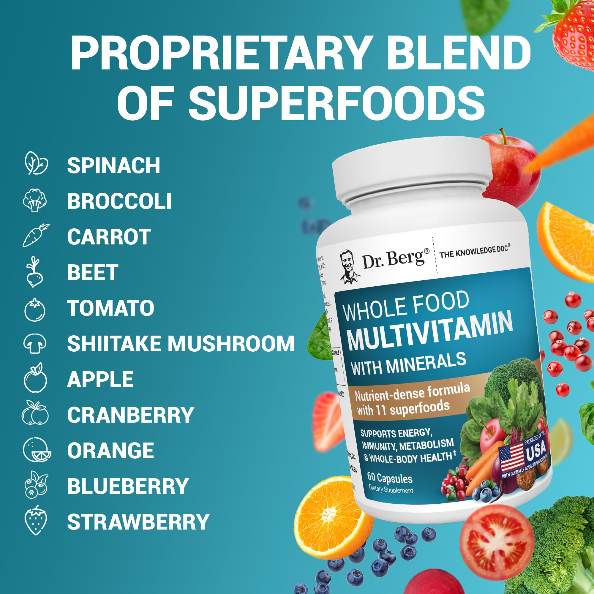Dr. Berg Nutritionals Whole Food Multivitamin displayed on a kitchen counter