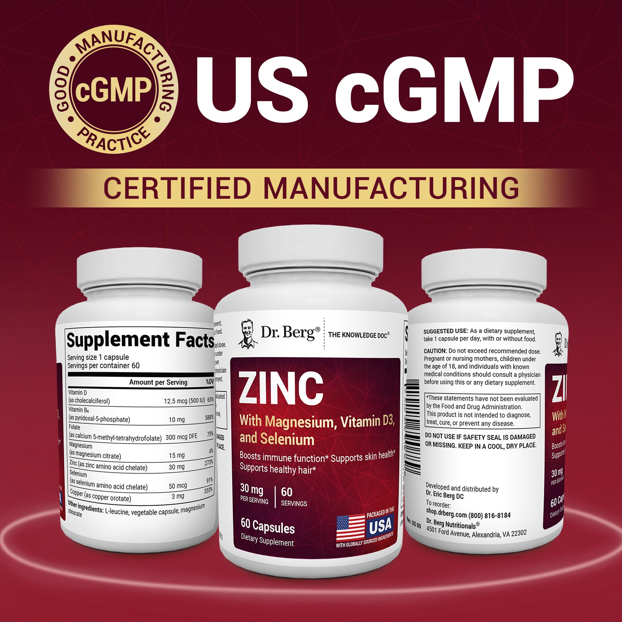 Dr. Berg Nutritionals Zinc Capsules back view with nutritional information